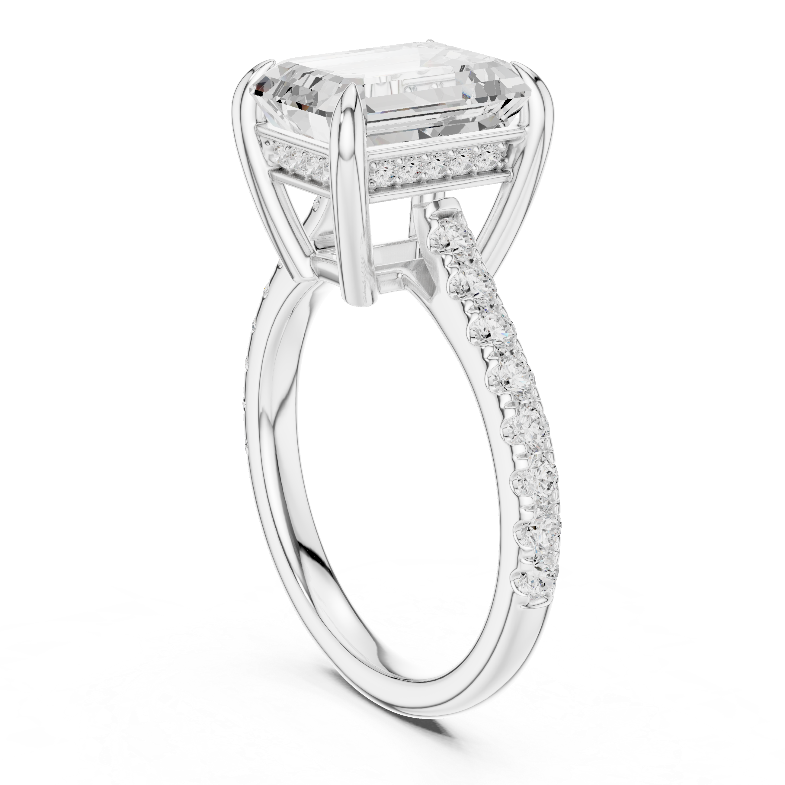 Emerald Cut Hidden Halo Engagement Ring with Pavé Diamond Band