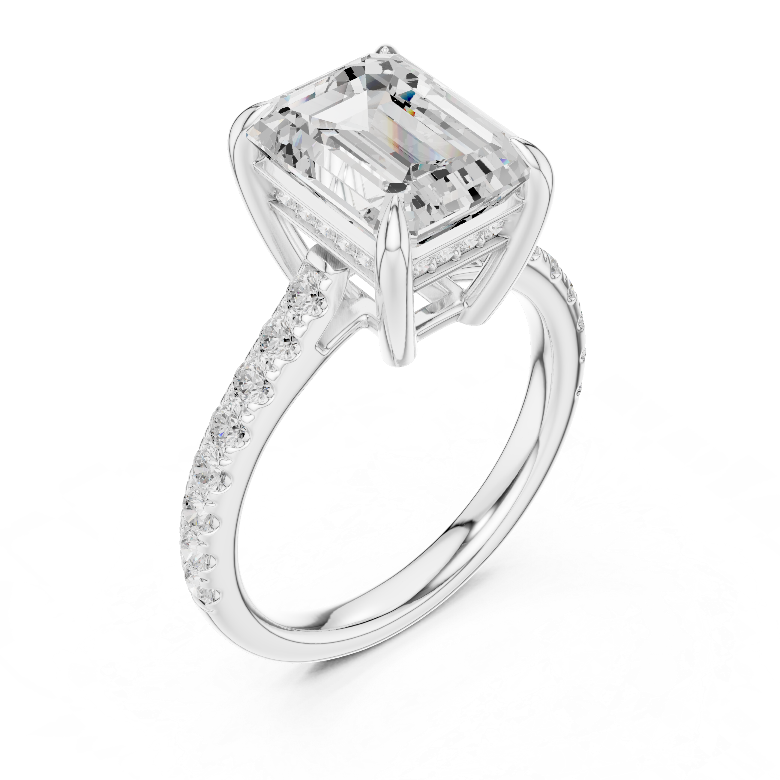 Emerald Cut Hidden Halo Engagement Ring with Pavé Diamond Band