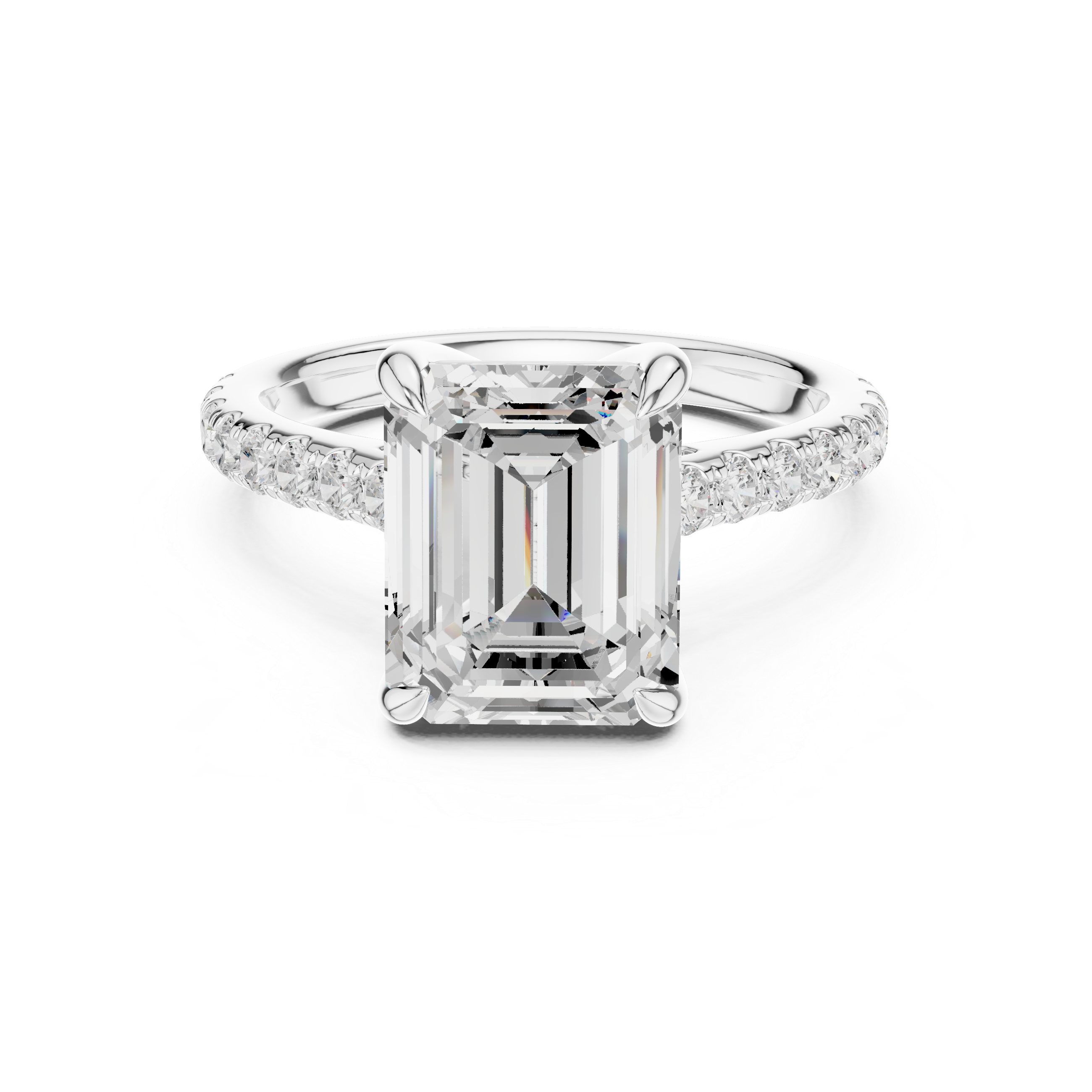 Emerald Cut Hidden Halo Engagement Ring with Pavé Diamond Band
