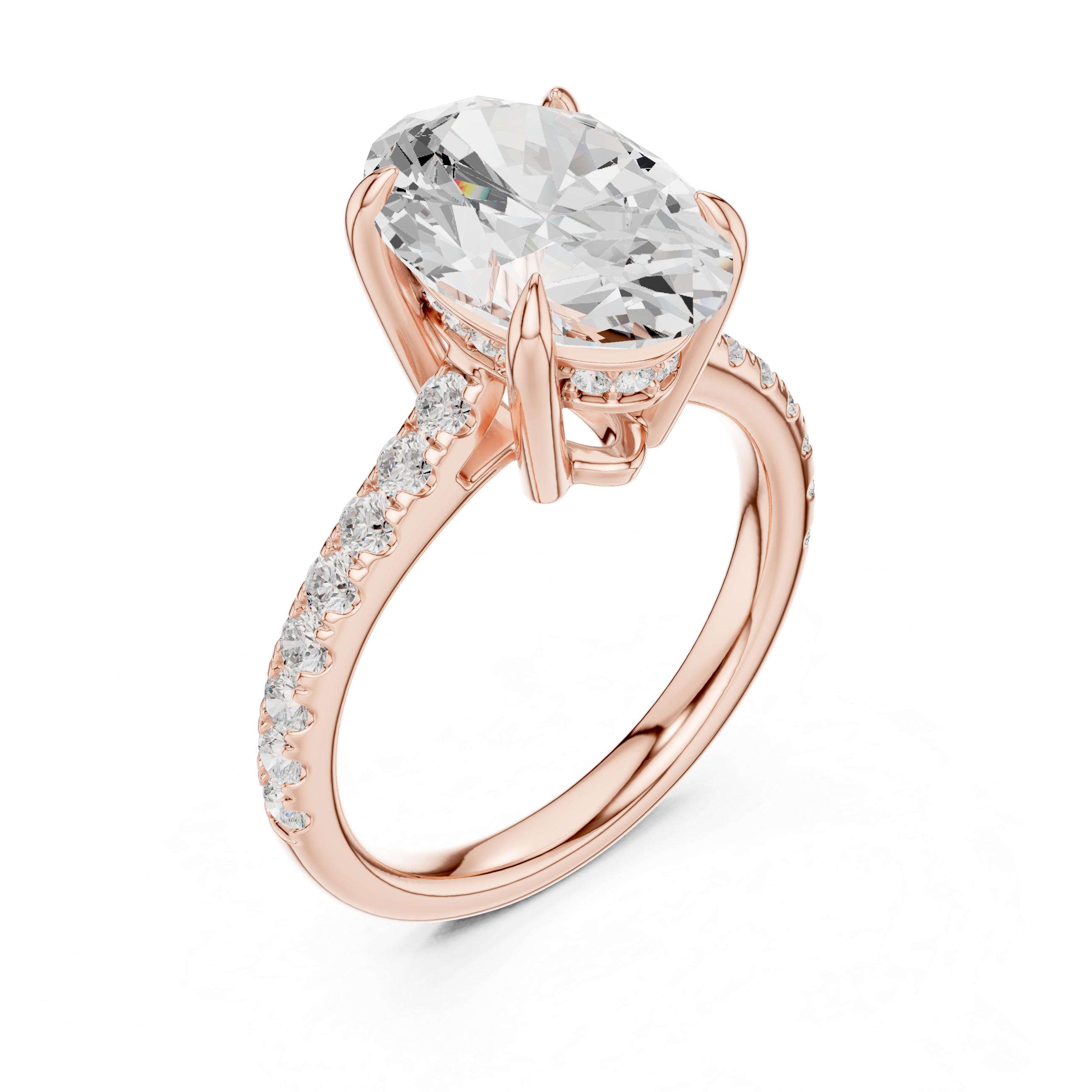 Oval Cut Solitaire Engagement Ring with Hidden Halo and Pavé Diamond Band