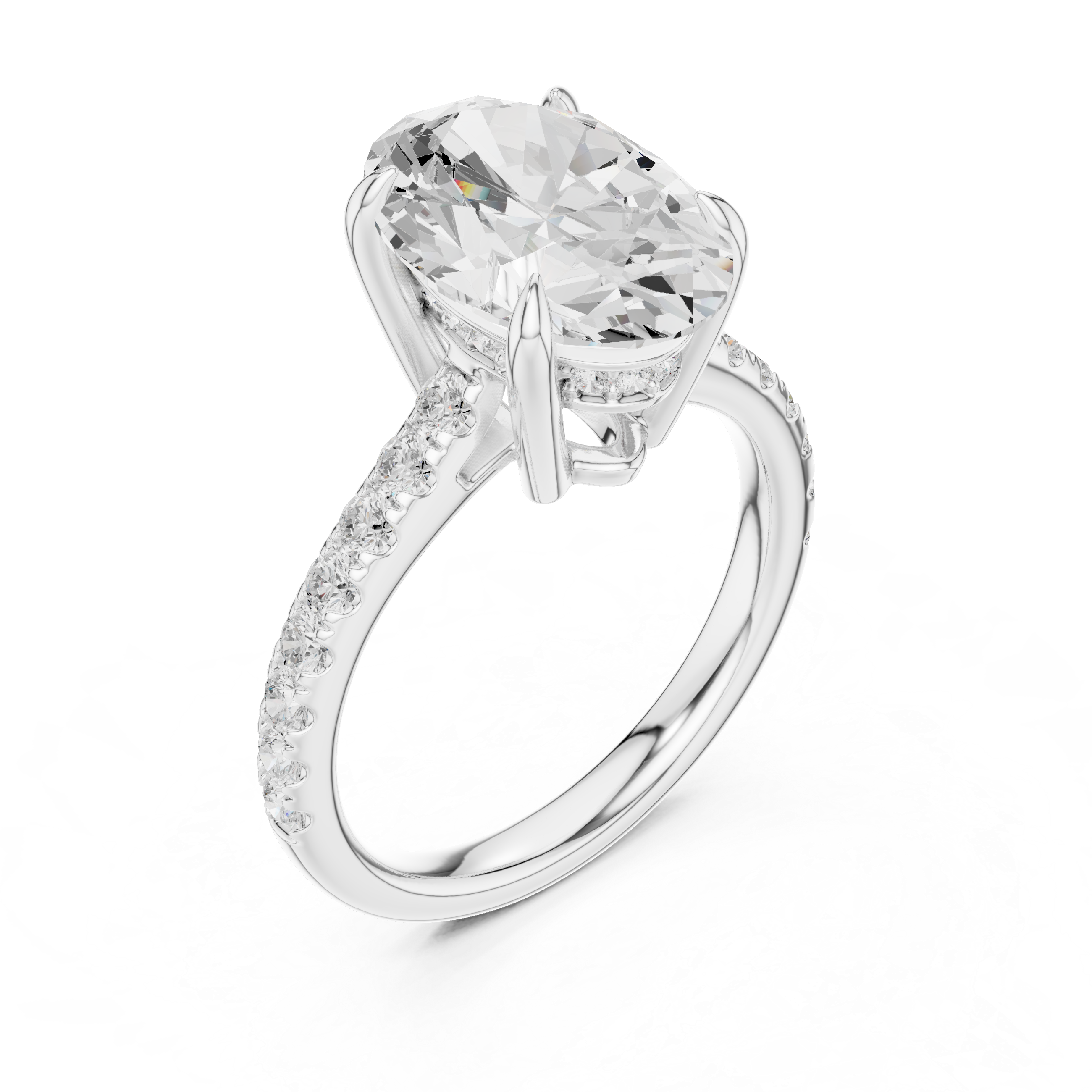 Oval Cut Solitaire Engagement Ring with Hidden Halo and Pavé Diamond Band