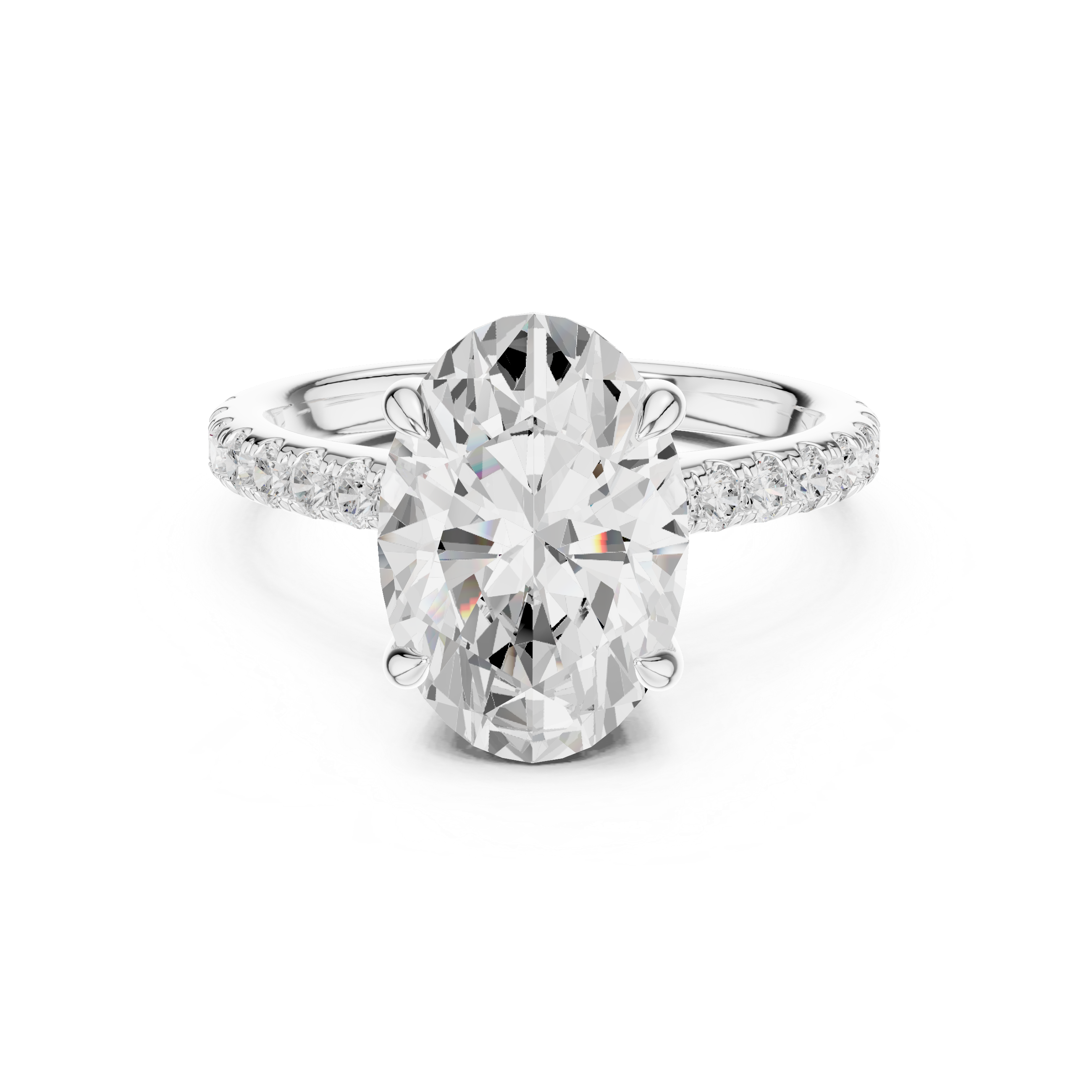 Oval Cut Solitaire Engagement Ring with Hidden Halo and Pavé Diamond Band