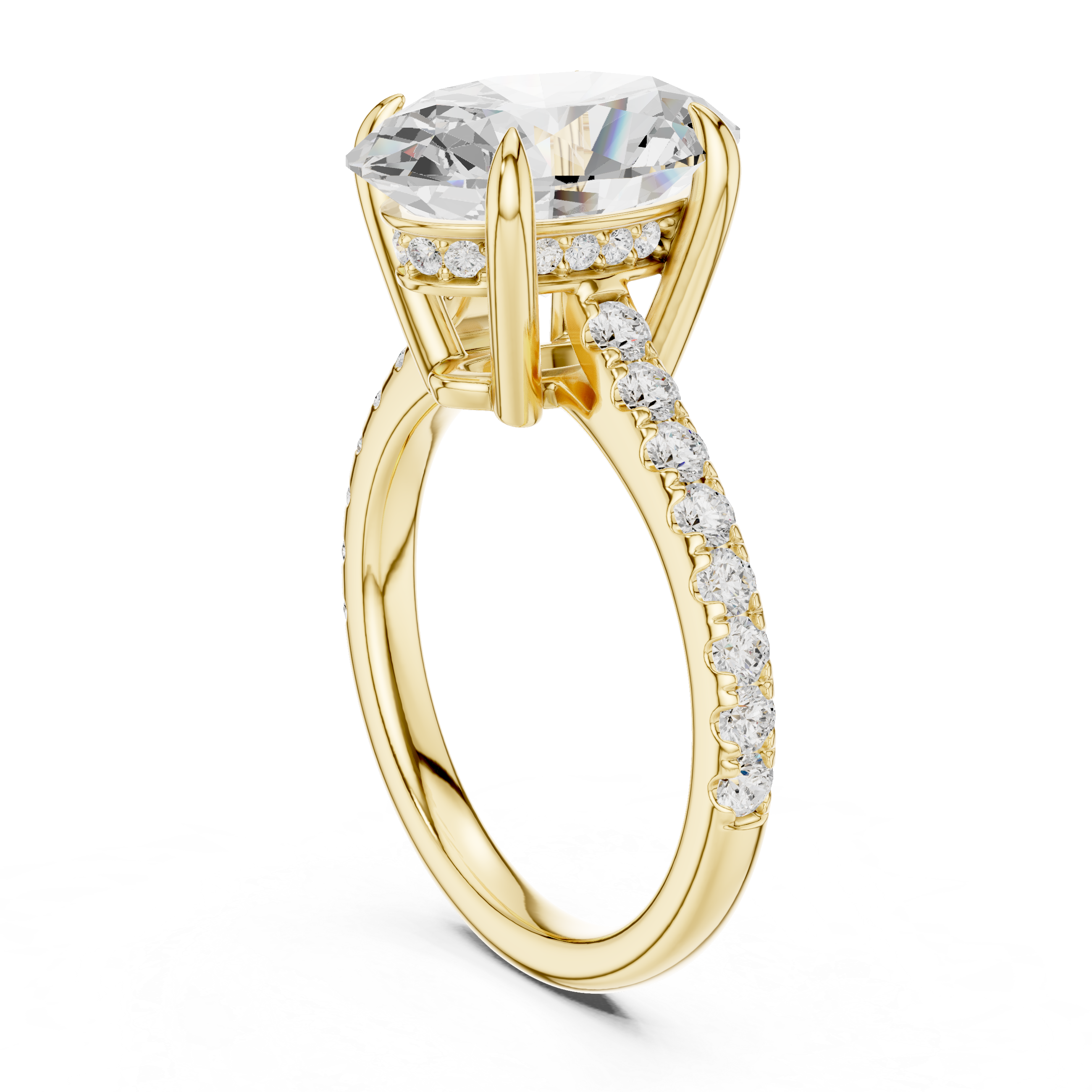 Oval Cut Solitaire Engagement Ring with Hidden Halo and Pavé Diamond Band