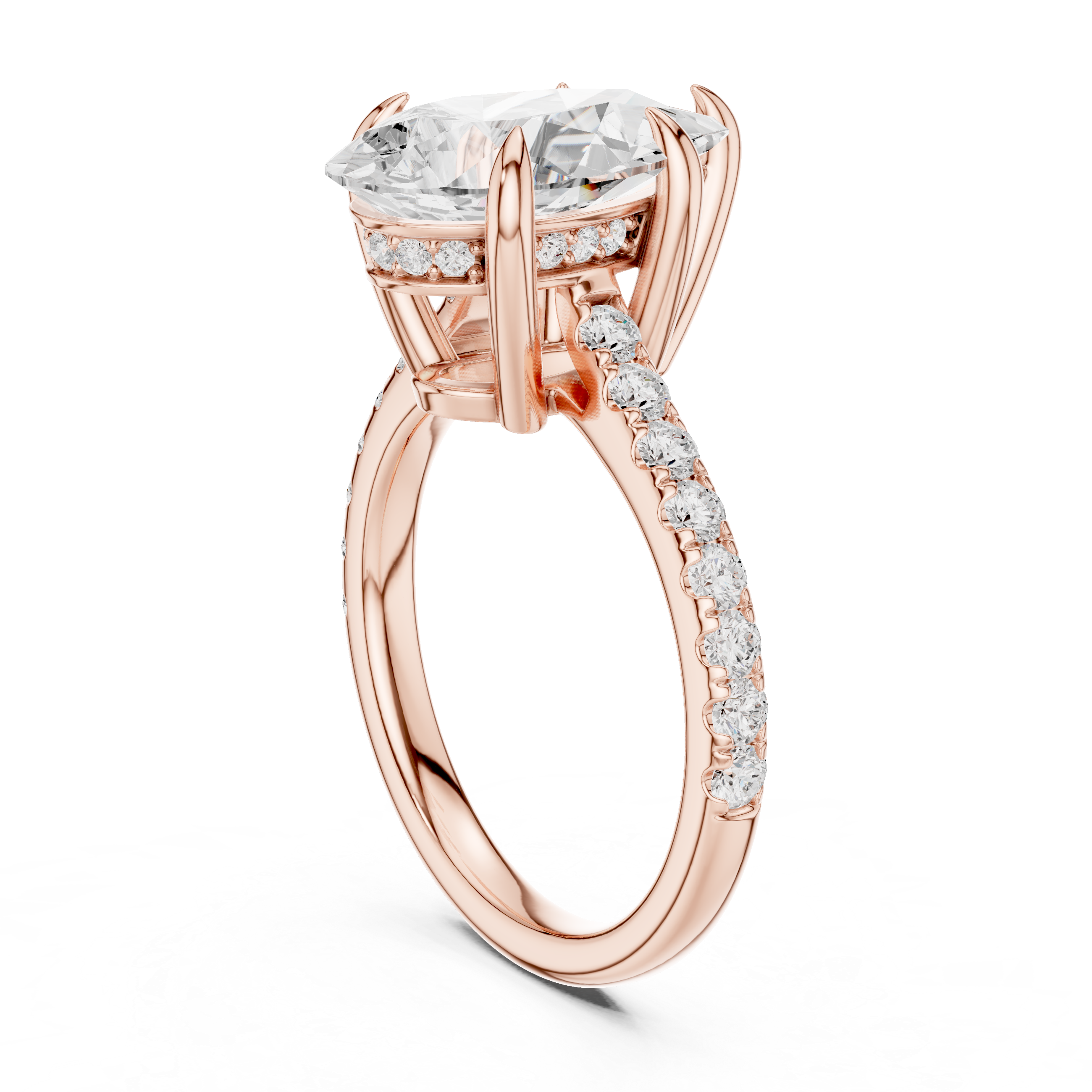 Pear Cut Solitaire Engagement Ring with Hidden Halo and Pavé Diamond Band