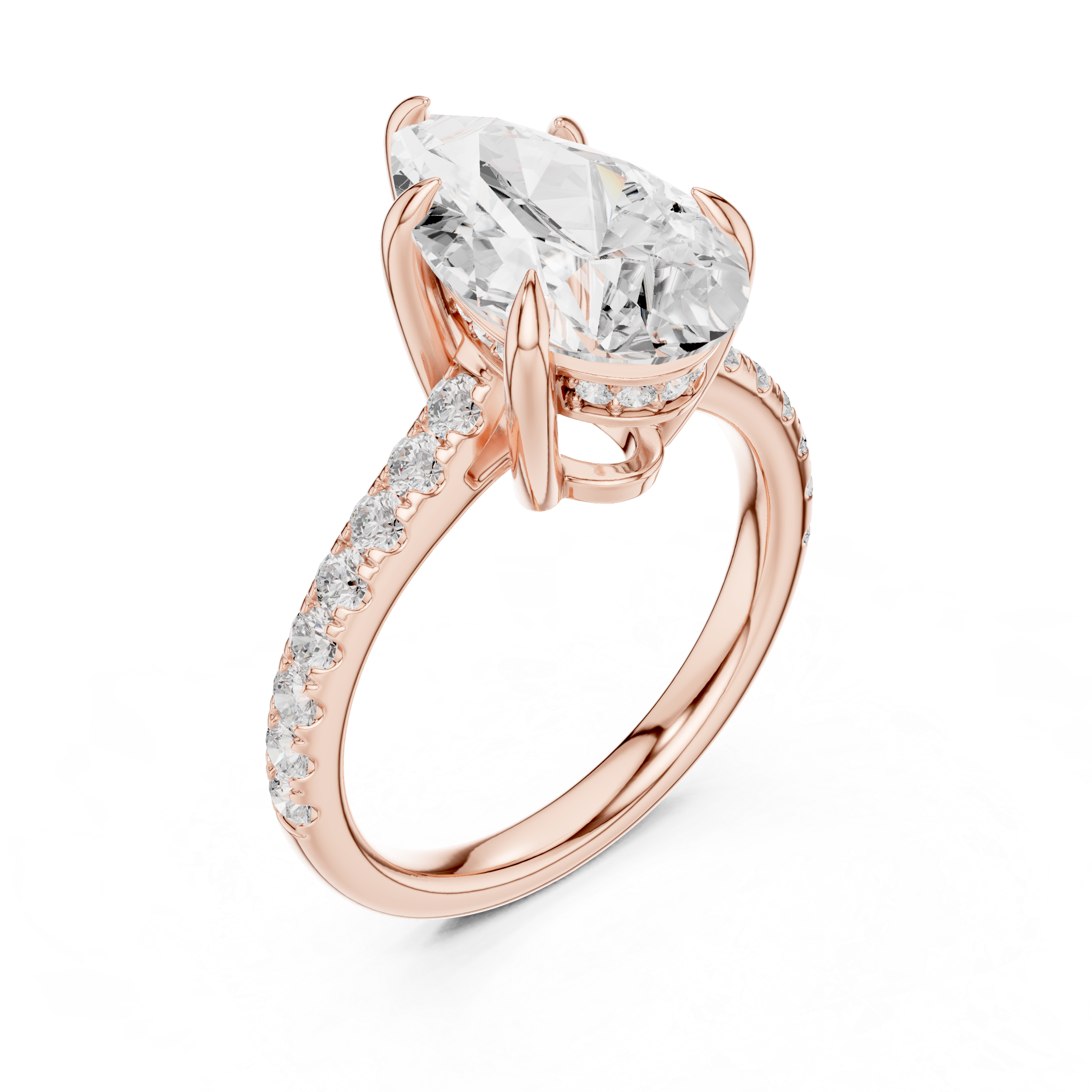 Pear Cut Solitaire Engagement Ring with Hidden Halo and Pavé Diamond Band