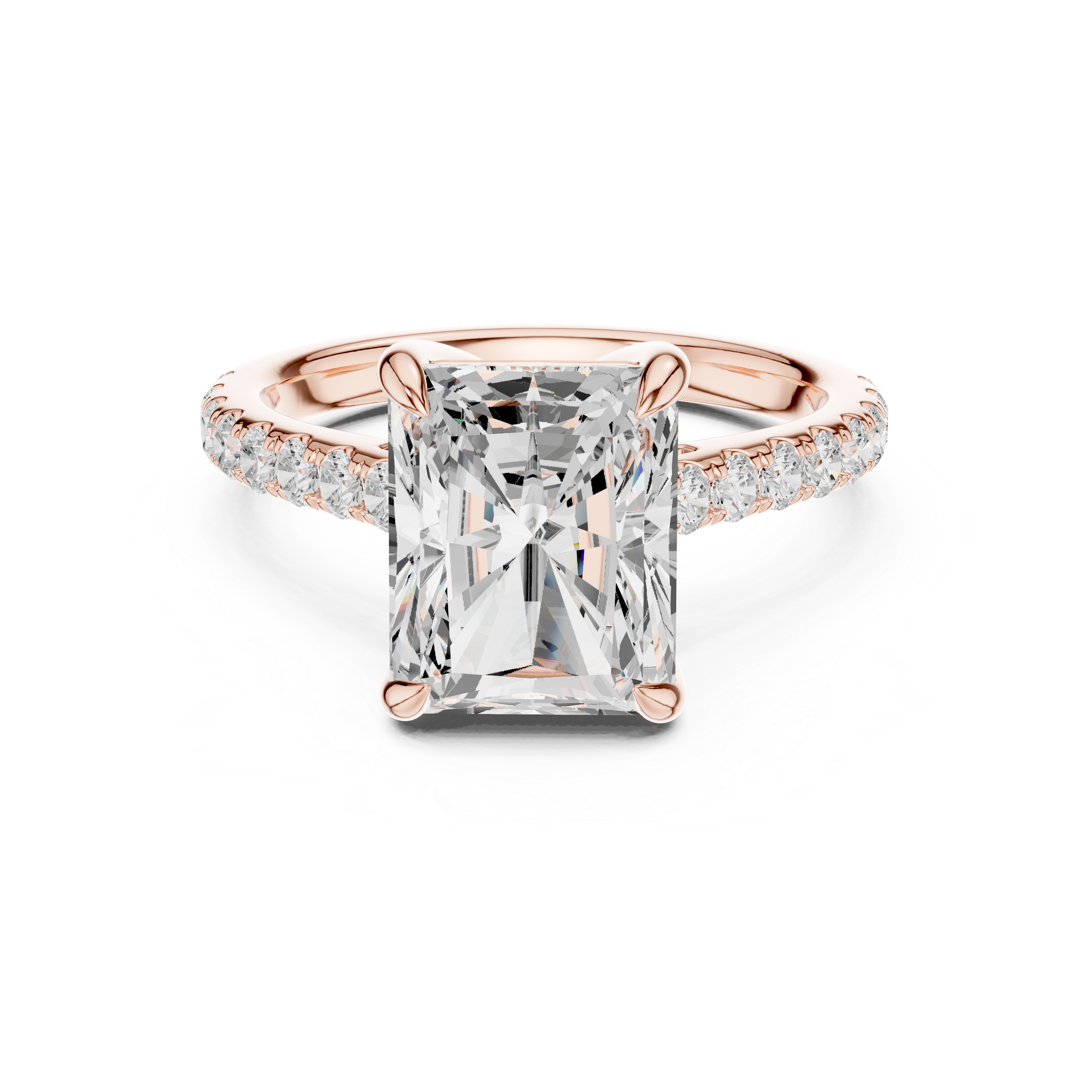 Radiant Cut Solitaire Engagement Ring with Hidden Halo and Pavé Diamond Band
