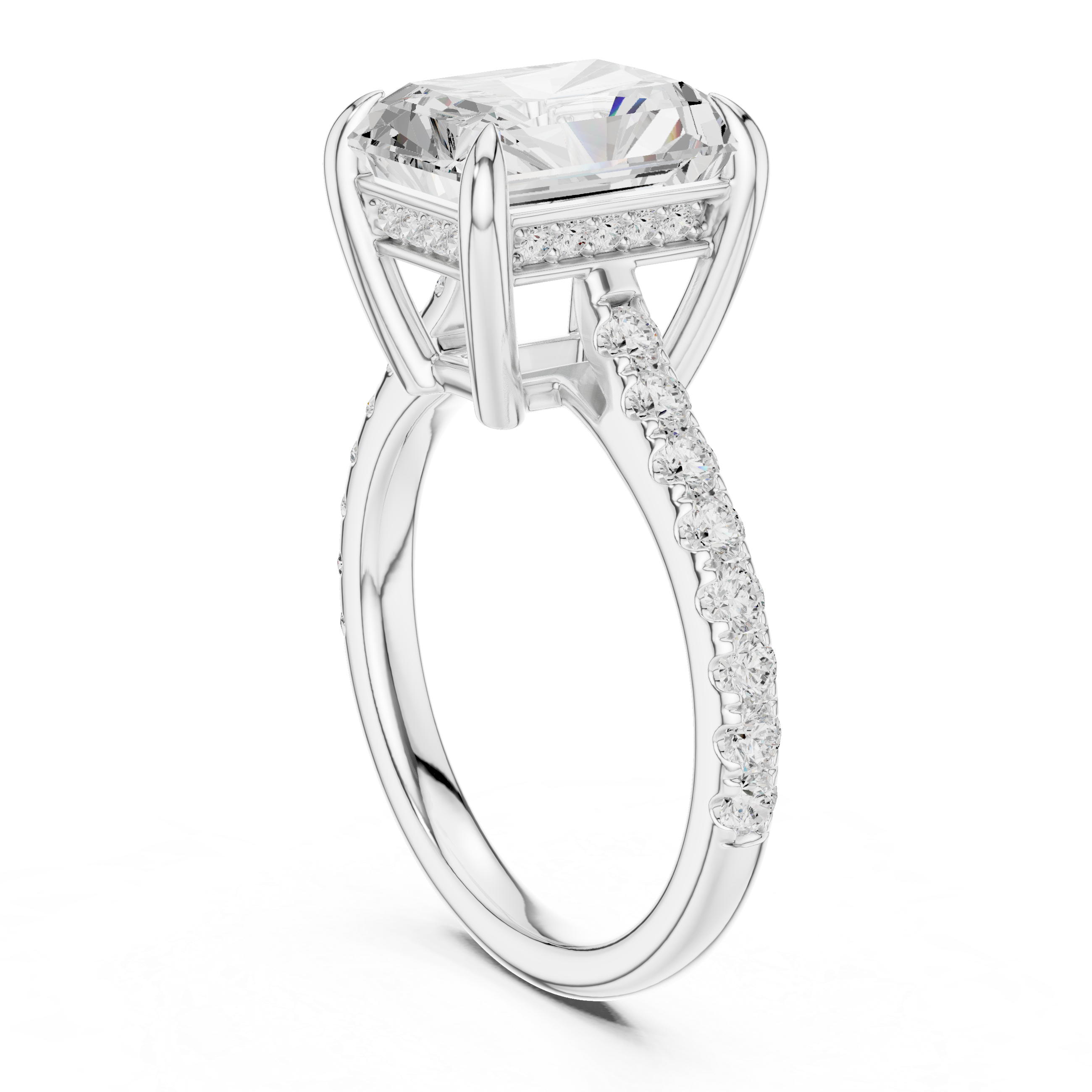 Radiant Cut Solitaire Engagement Ring with Hidden Halo and Pavé Diamond Band