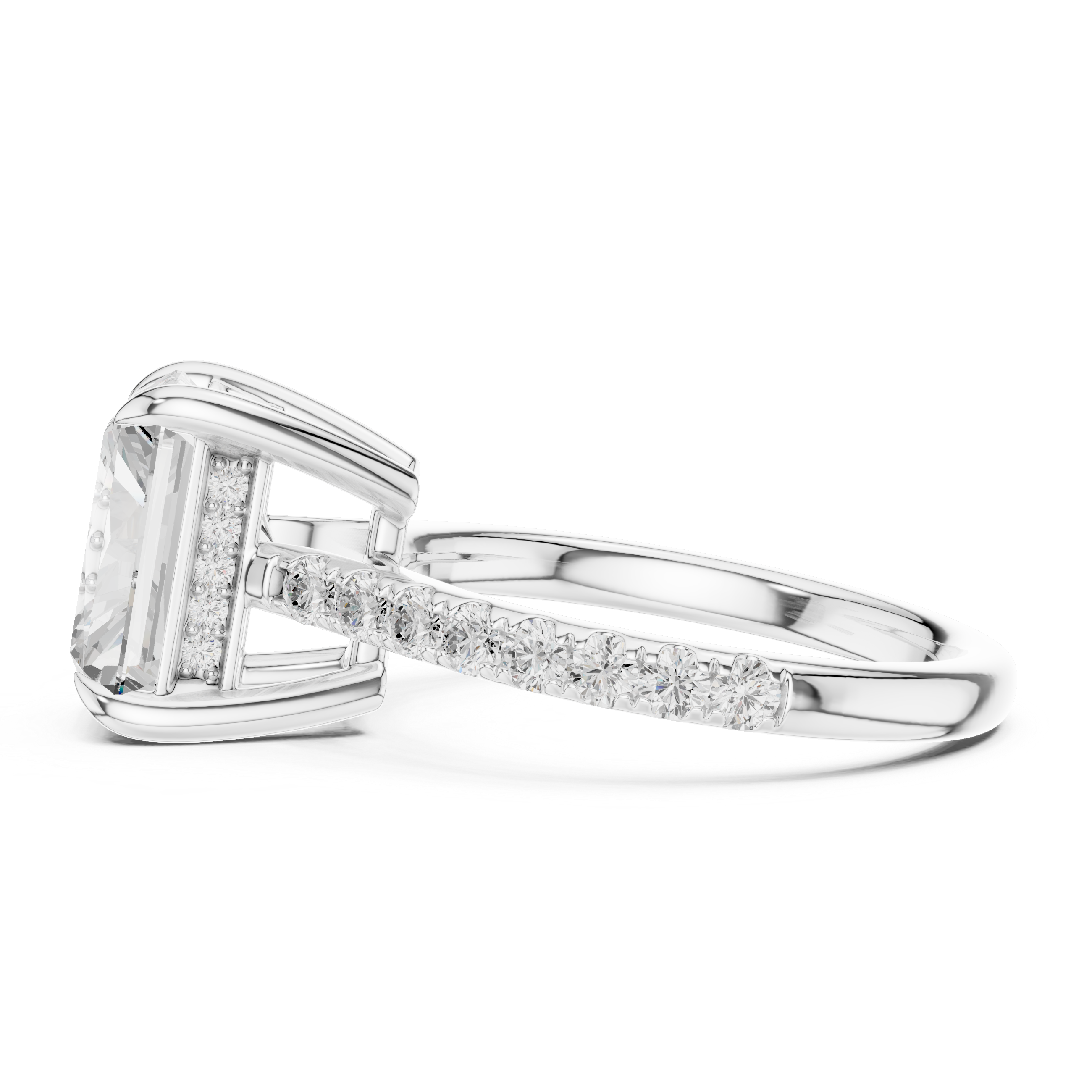 Radiant Cut Solitaire Engagement Ring with Hidden Halo and Pavé Diamond Band