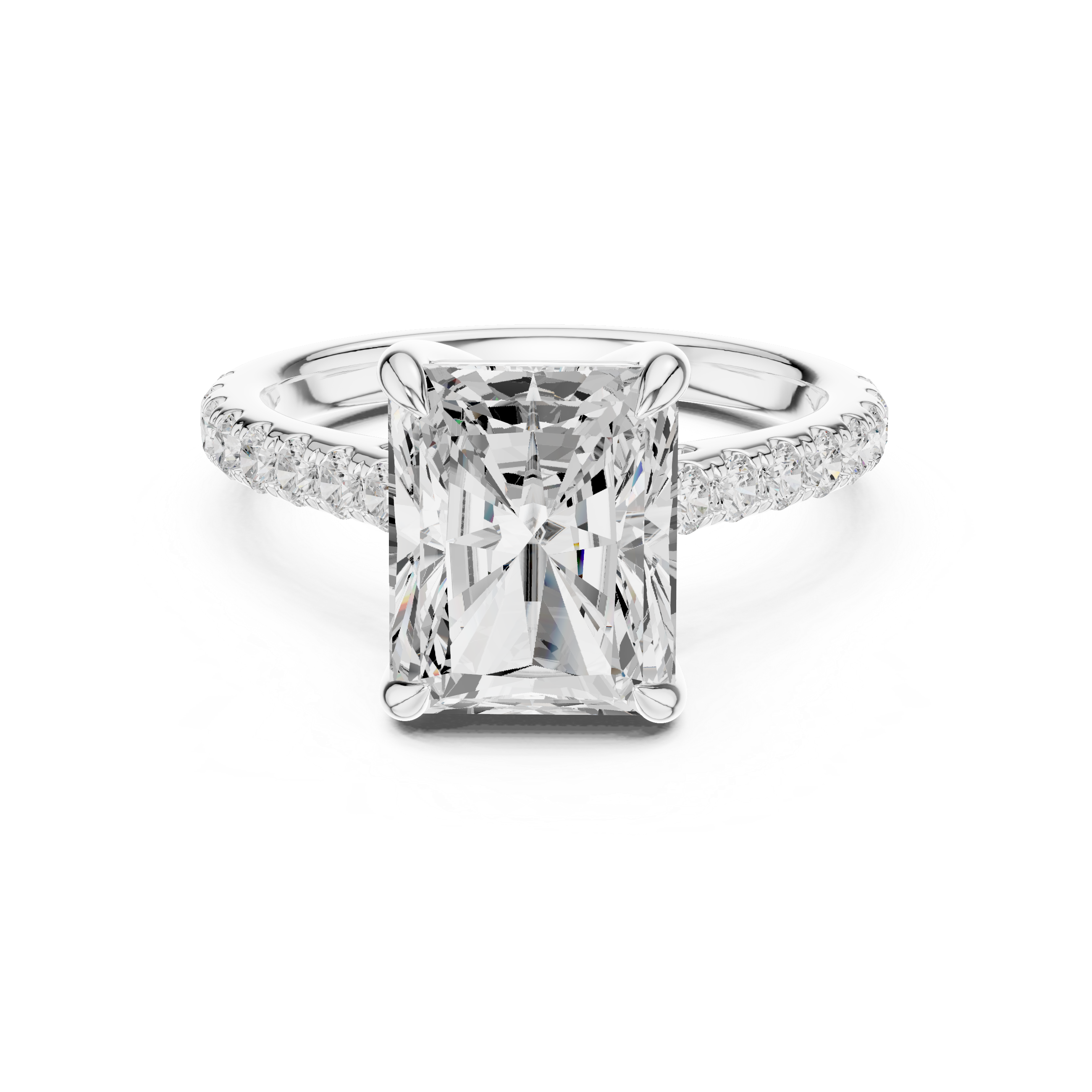 Radiant Cut Solitaire Engagement Ring with Hidden Halo and Pavé Diamond Band