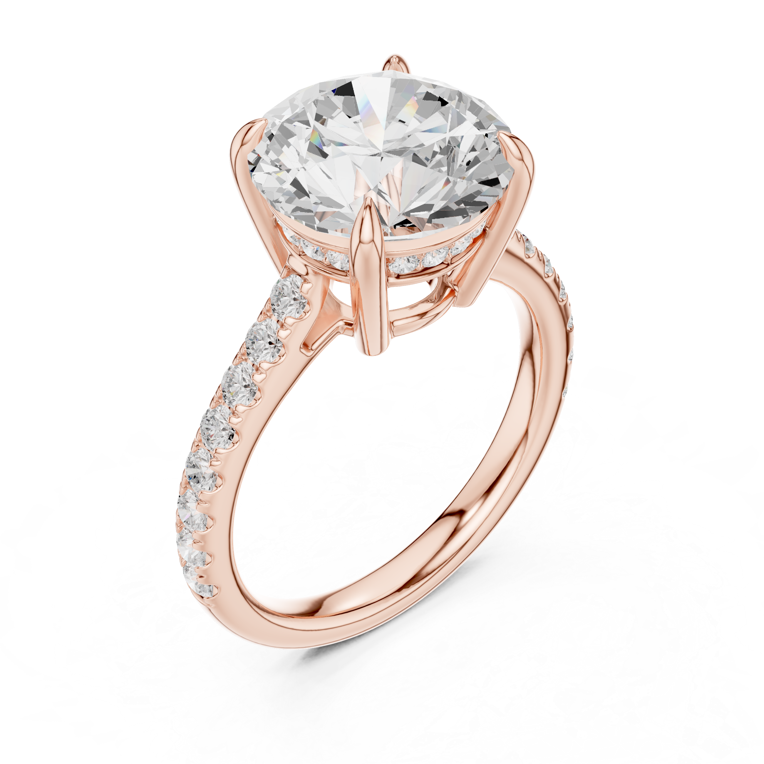 Round Brilliant Solitaire Engagement Ring with Hidden Halo and Pavé Band