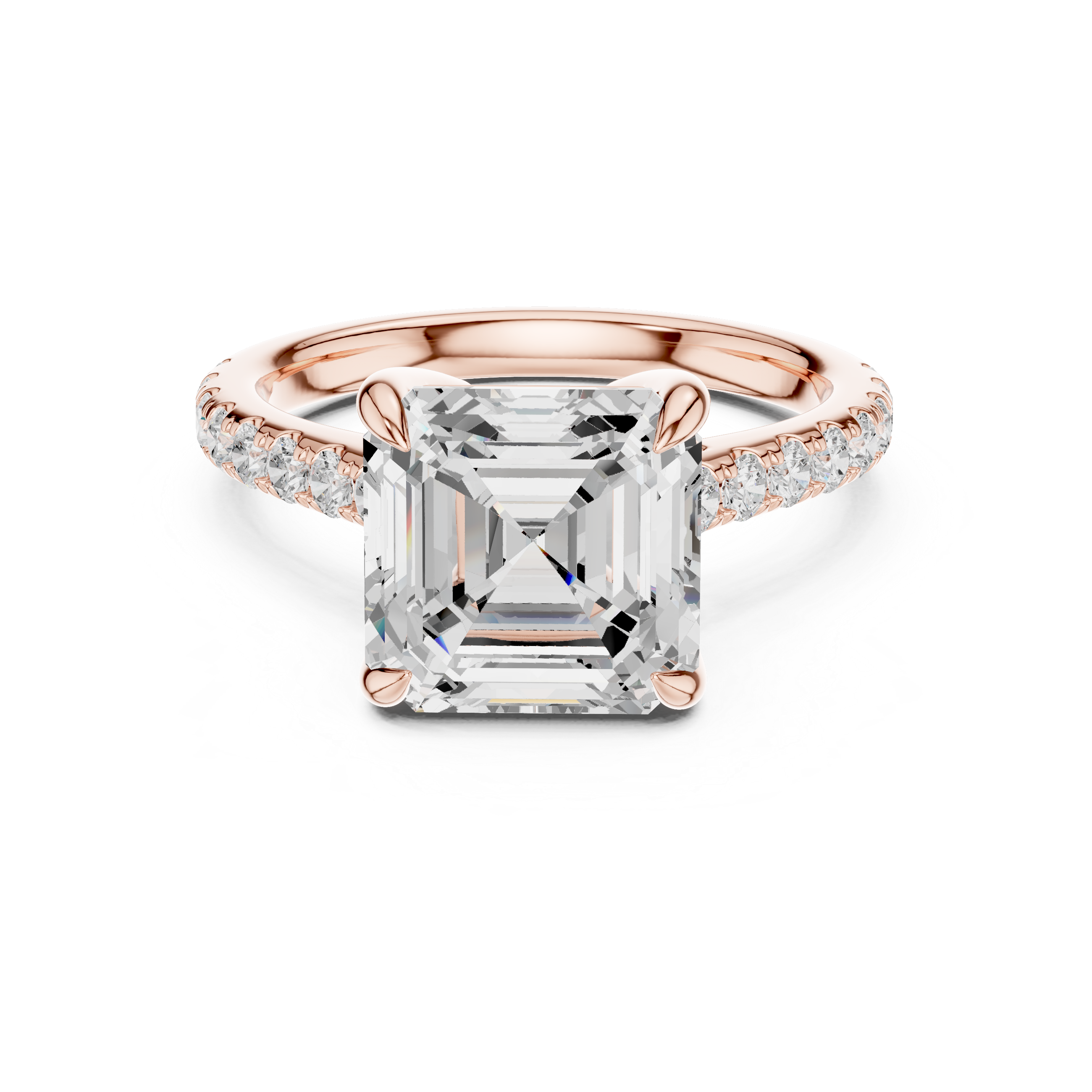 Emerald Cut Solitaire Engagement Ring with Hidden Halo and Pavé Band