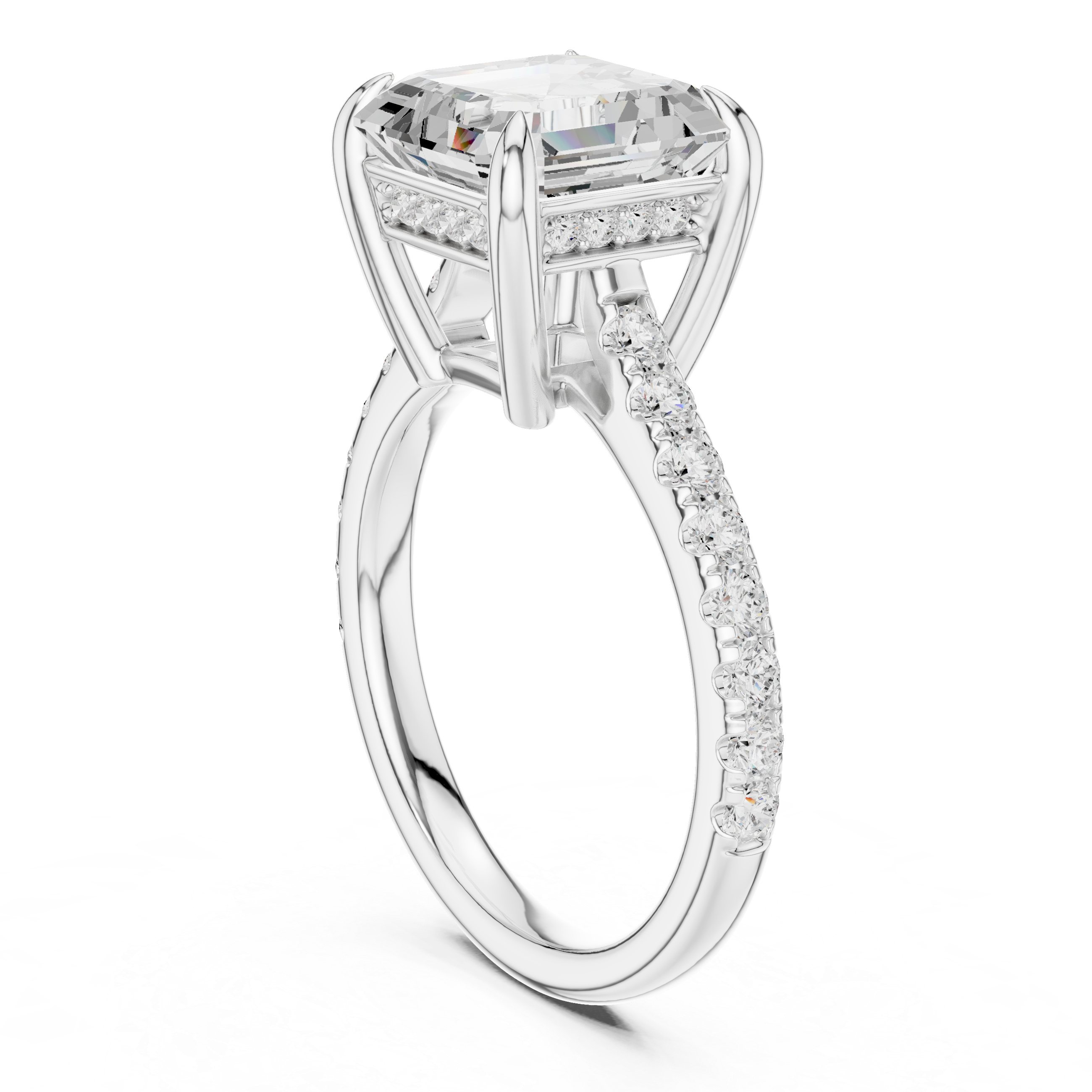 Emerald Cut Solitaire Engagement Ring with Hidden Halo and Pavé Band