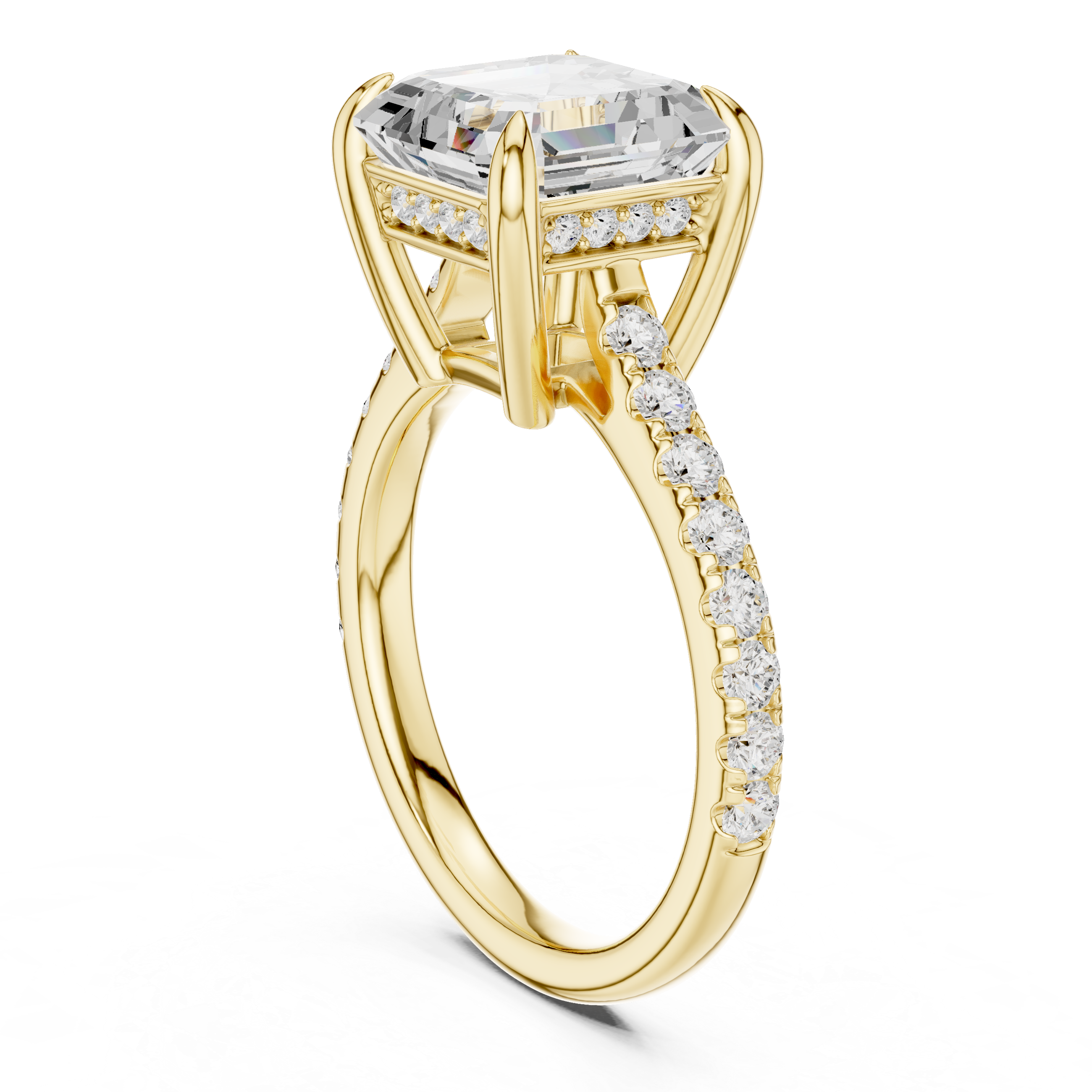 Emerald Cut Solitaire Engagement Ring with Hidden Halo and Pavé Band