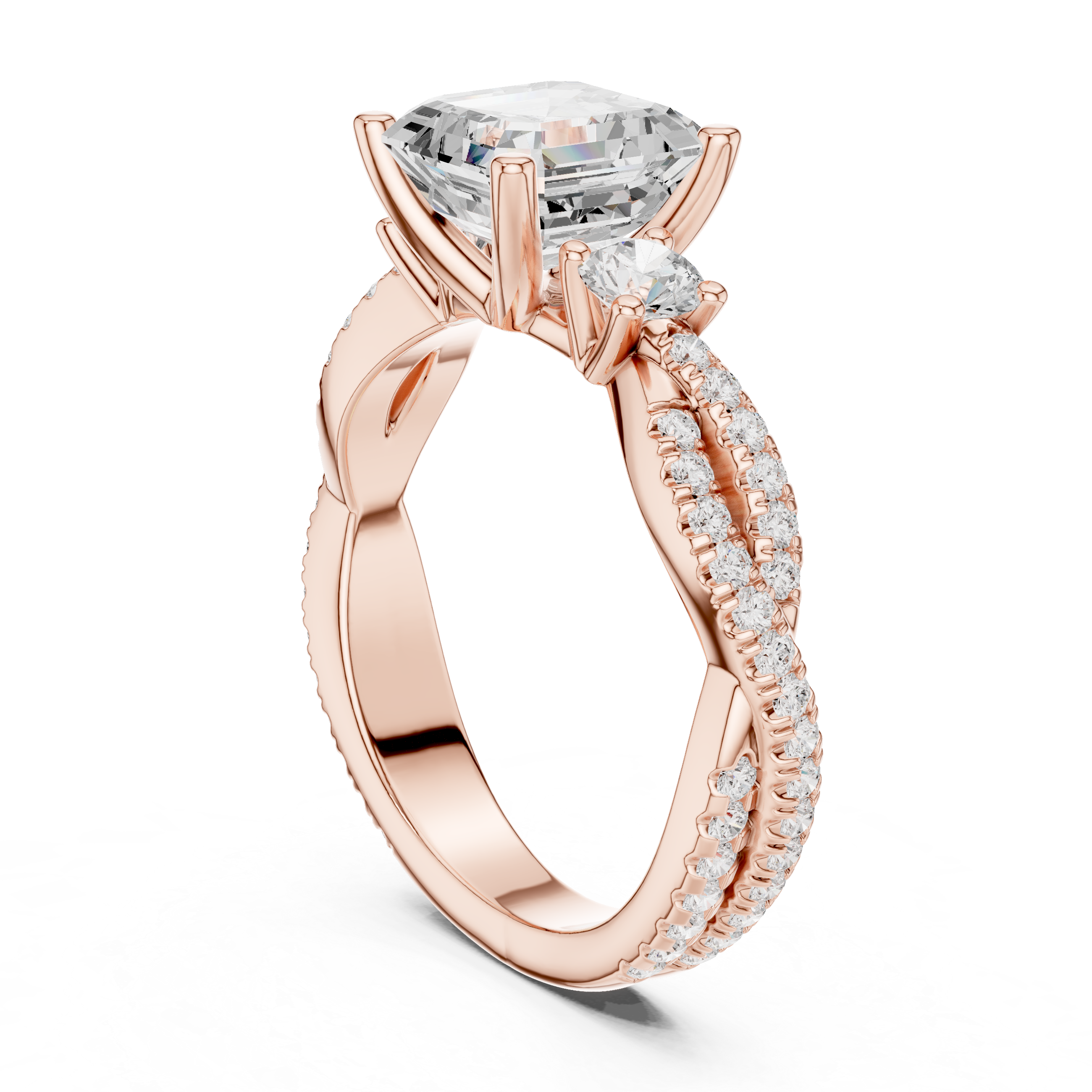 Emerald Cut Twisted Pavé Three Stone Engagement Ring with Diamond Accents