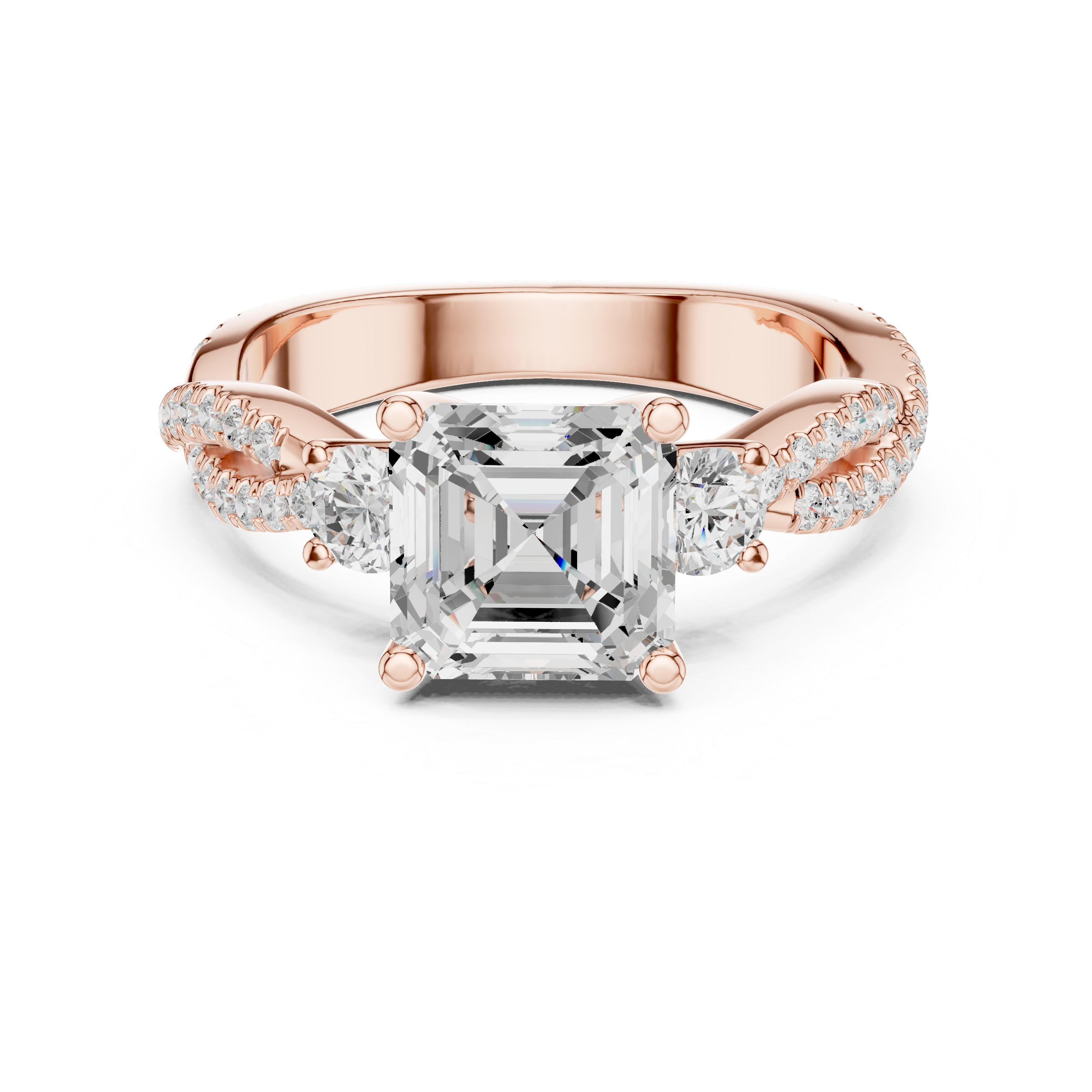 Emerald Cut Twisted Pavé Three Stone Engagement Ring with Diamond Accents