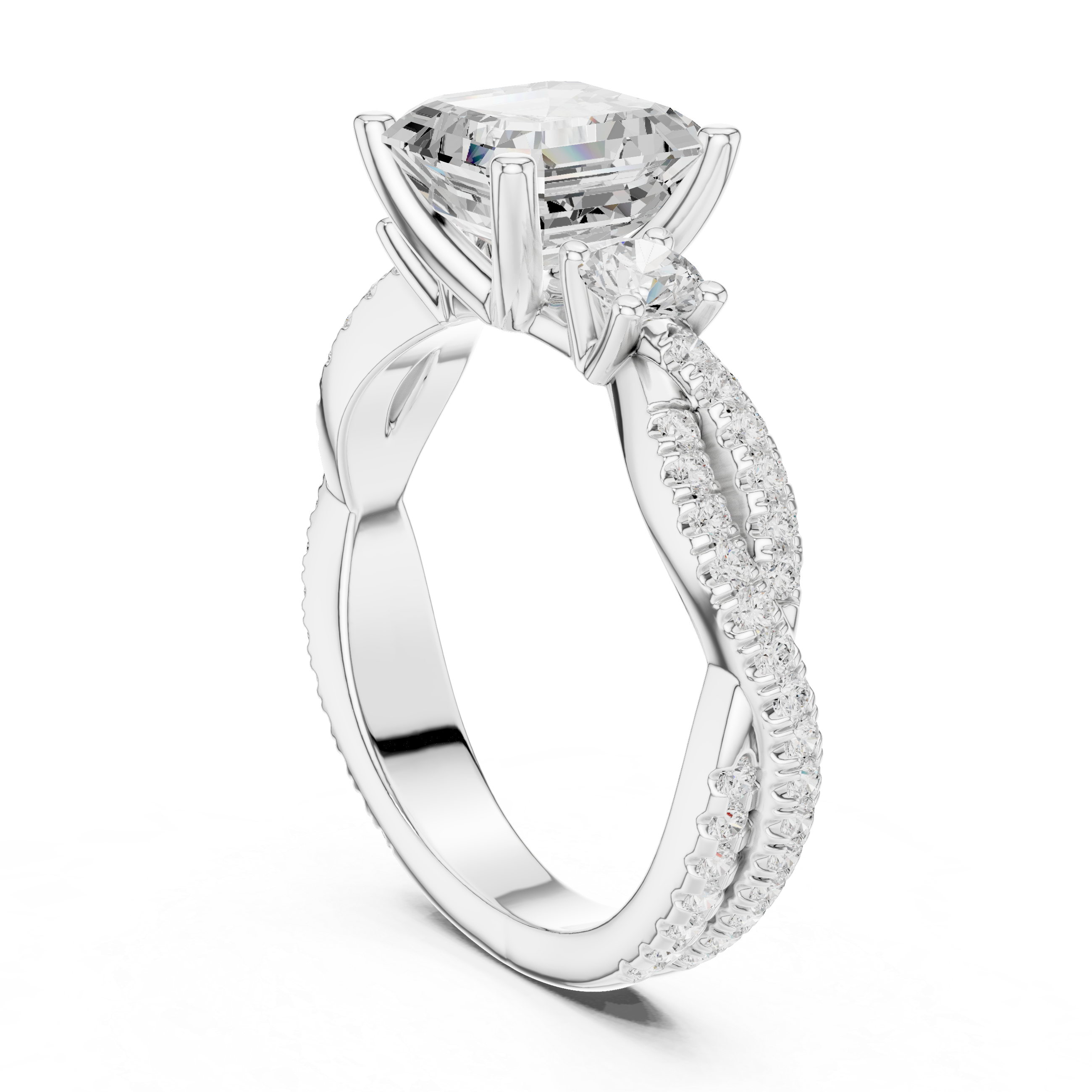Emerald Cut Twisted Pavé Three Stone Engagement Ring with Diamond Accents