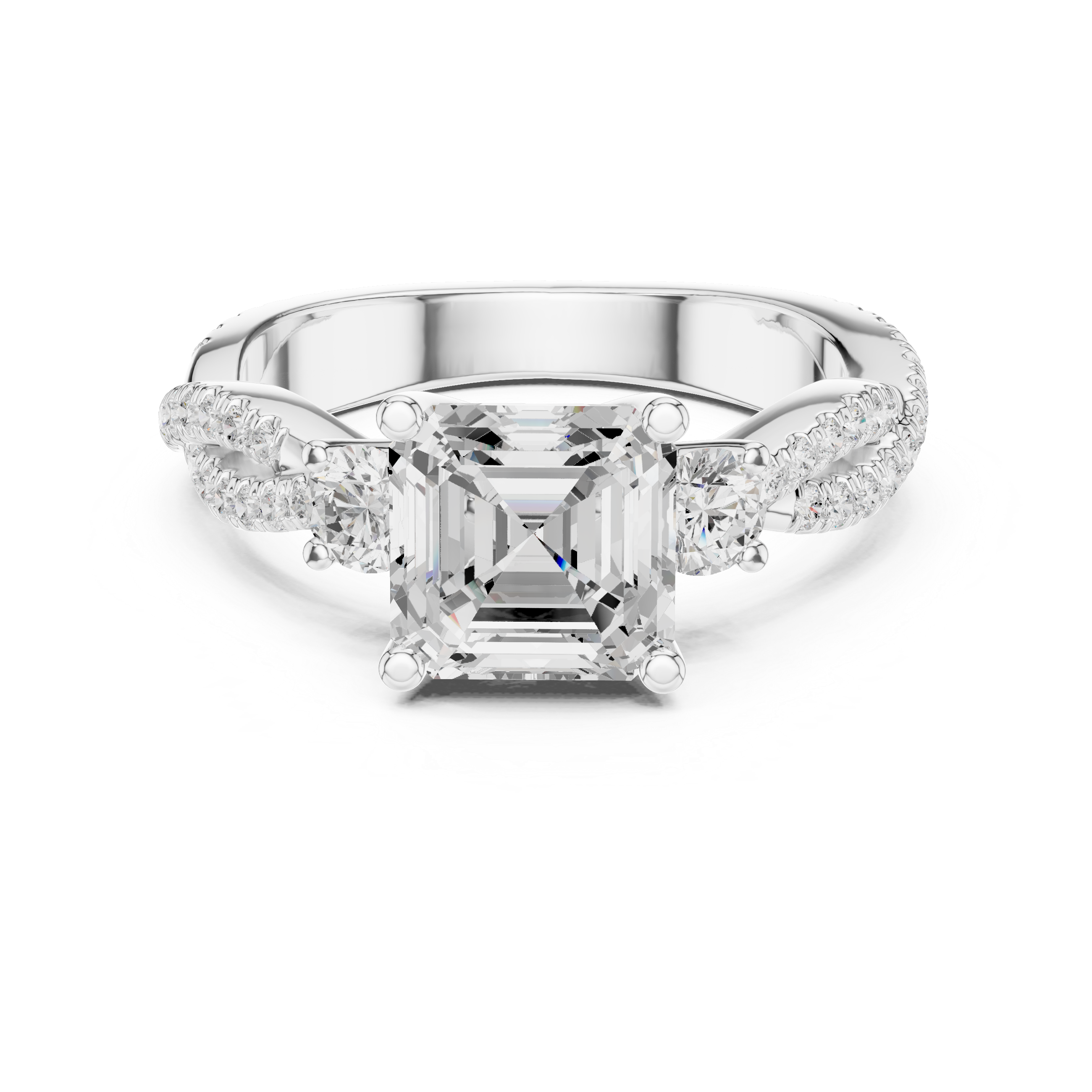 Emerald Cut Twisted Pavé Three Stone Engagement Ring with Diamond Accents