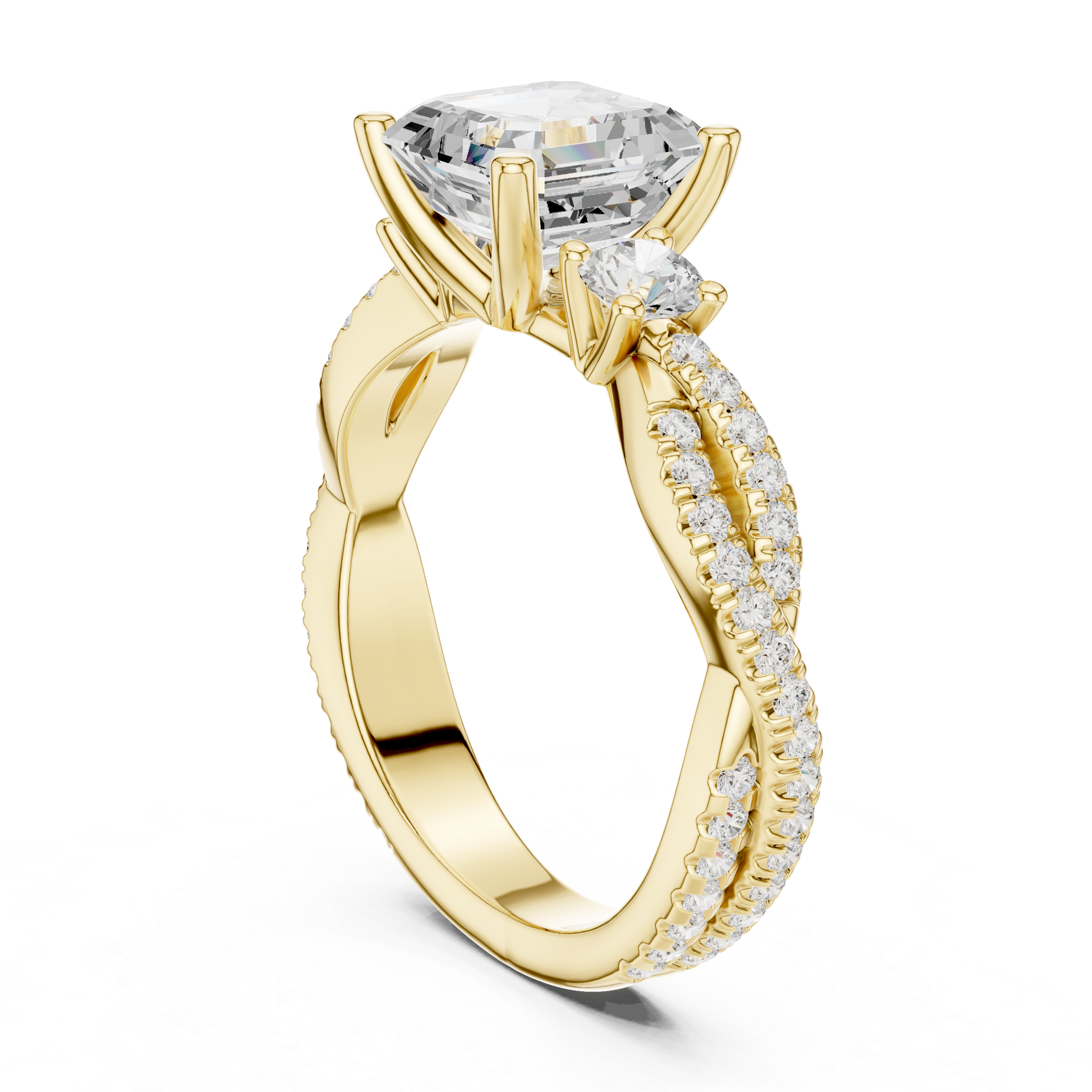 Emerald Cut Twisted Pavé Three Stone Engagement Ring with Diamond Accents