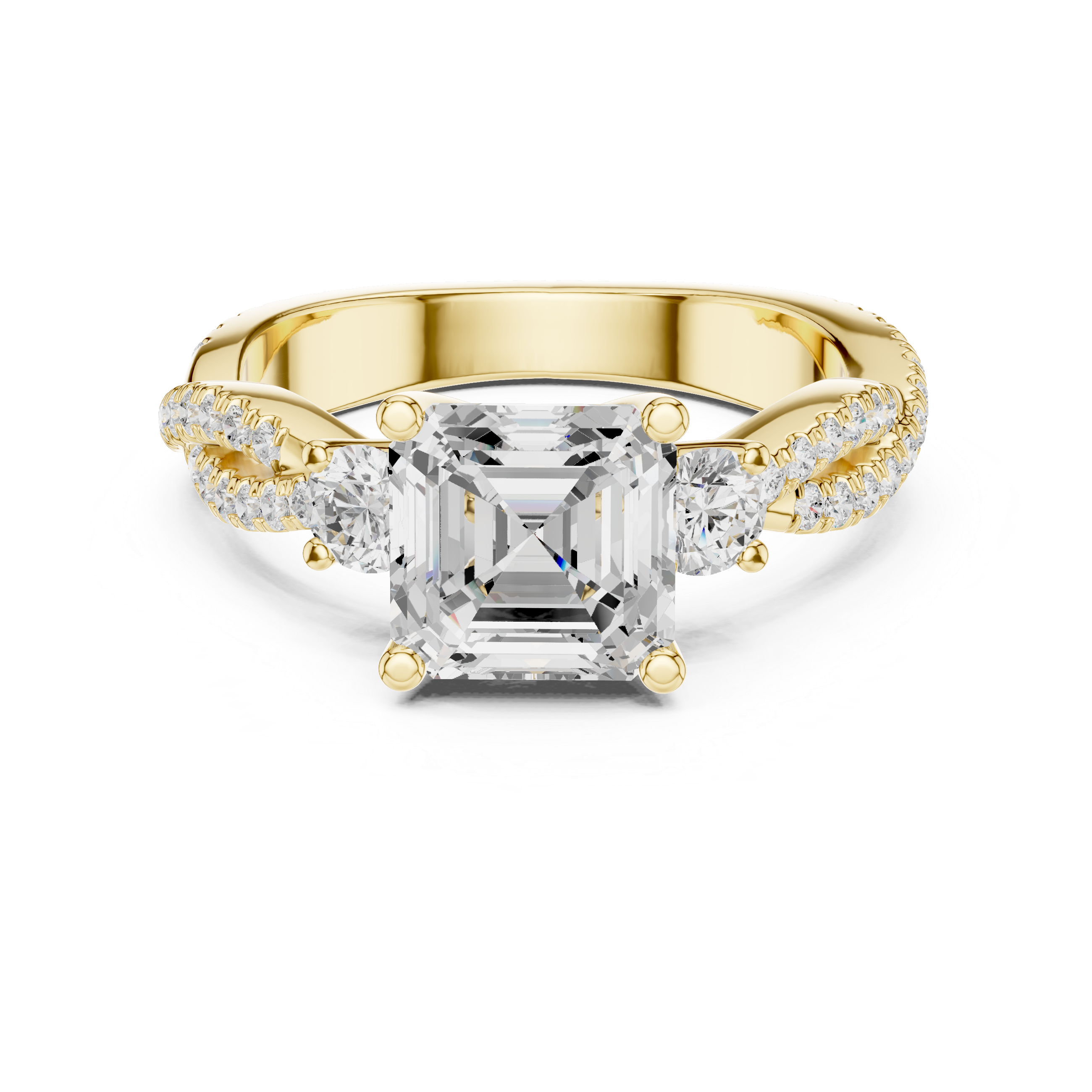 Emerald Cut Twisted Pavé Three Stone Engagement Ring with Diamond Accents