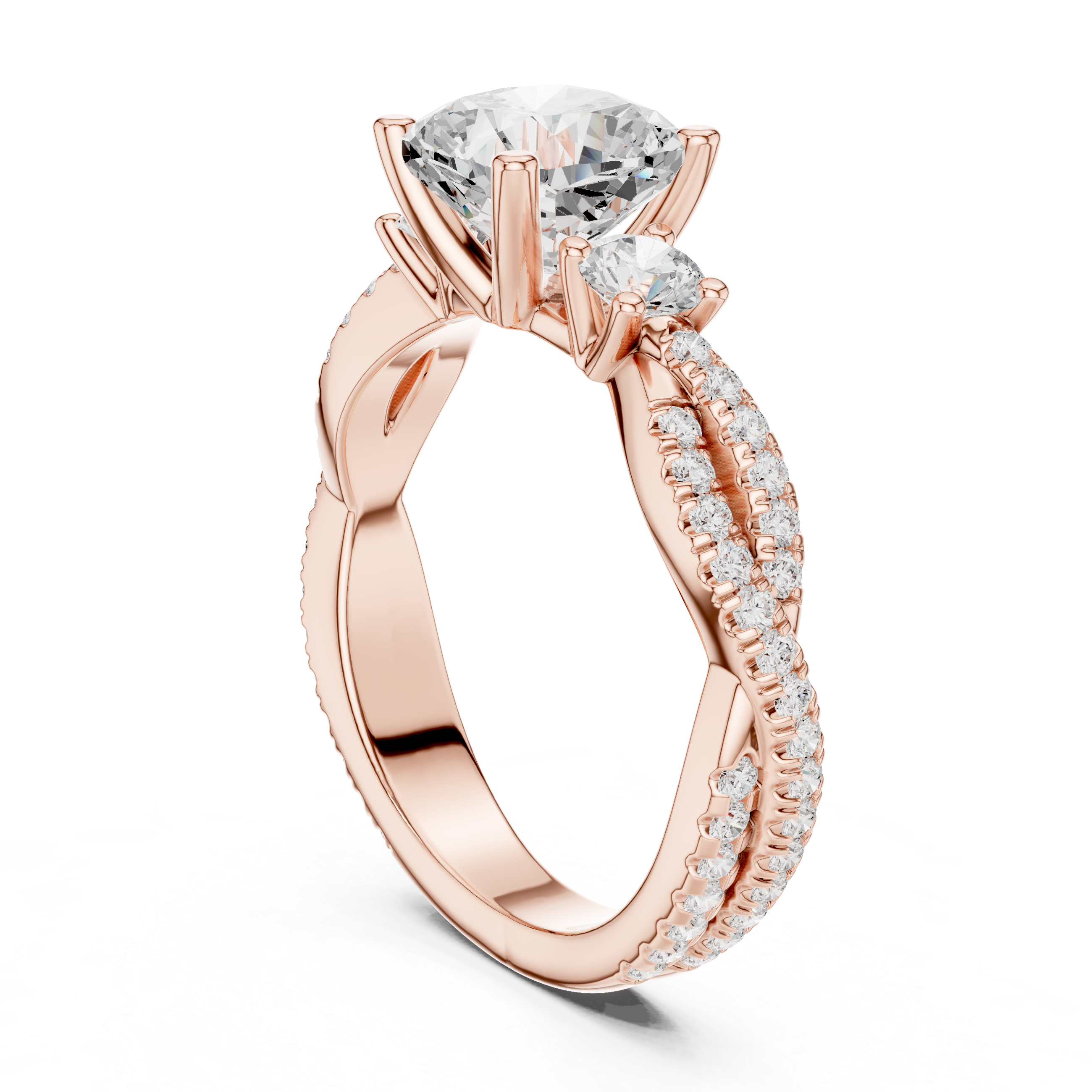 Cushion Cut Twisted Pavé Three Stone Engagement Ring with Diamond Accents