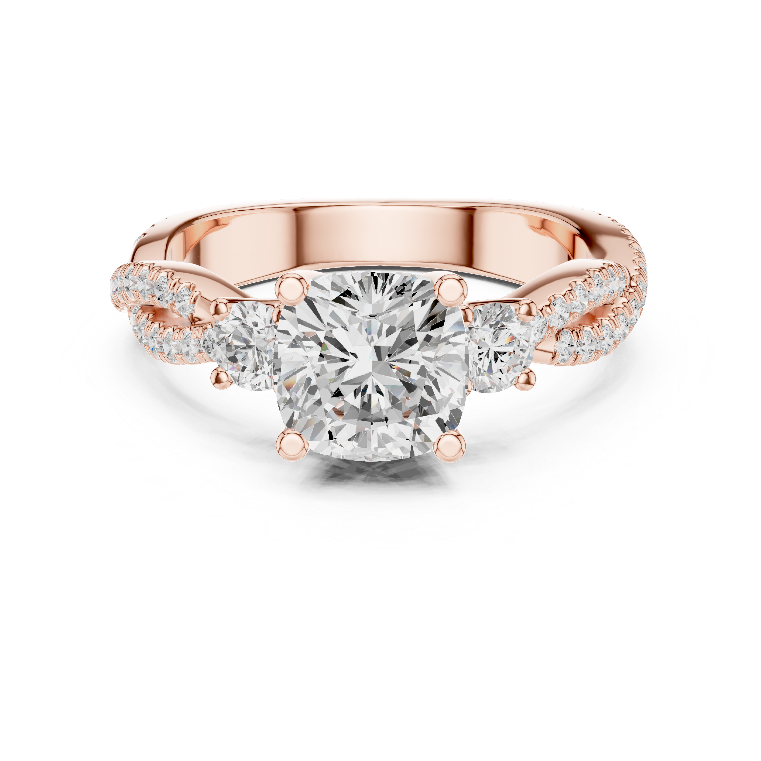 Cushion Cut Twisted Pavé Three Stone Engagement Ring with Diamond Accents