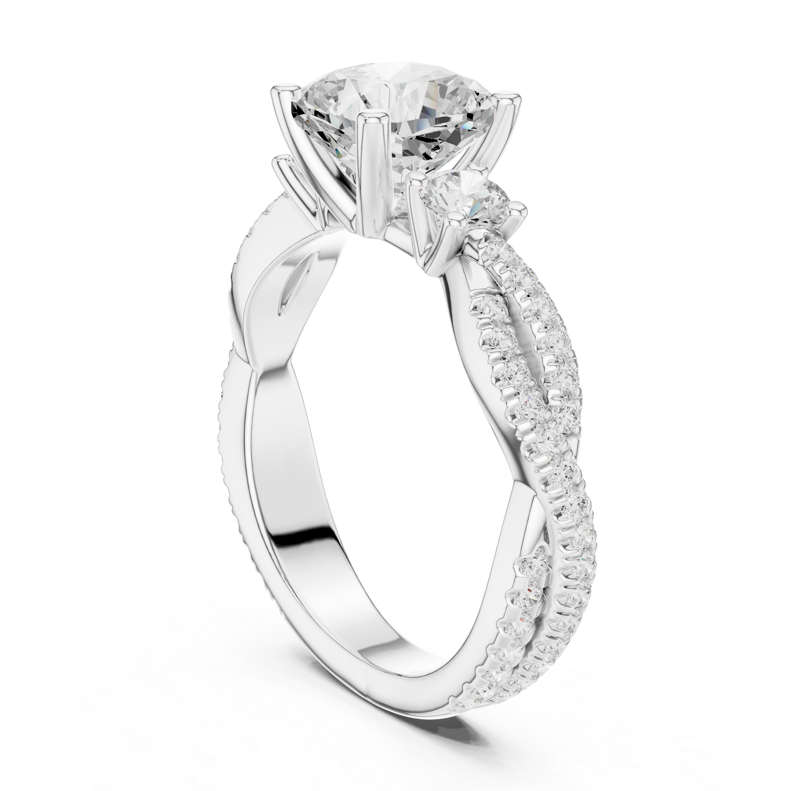 Cushion Cut Twisted Pavé Three Stone Engagement Ring with Diamond Accents