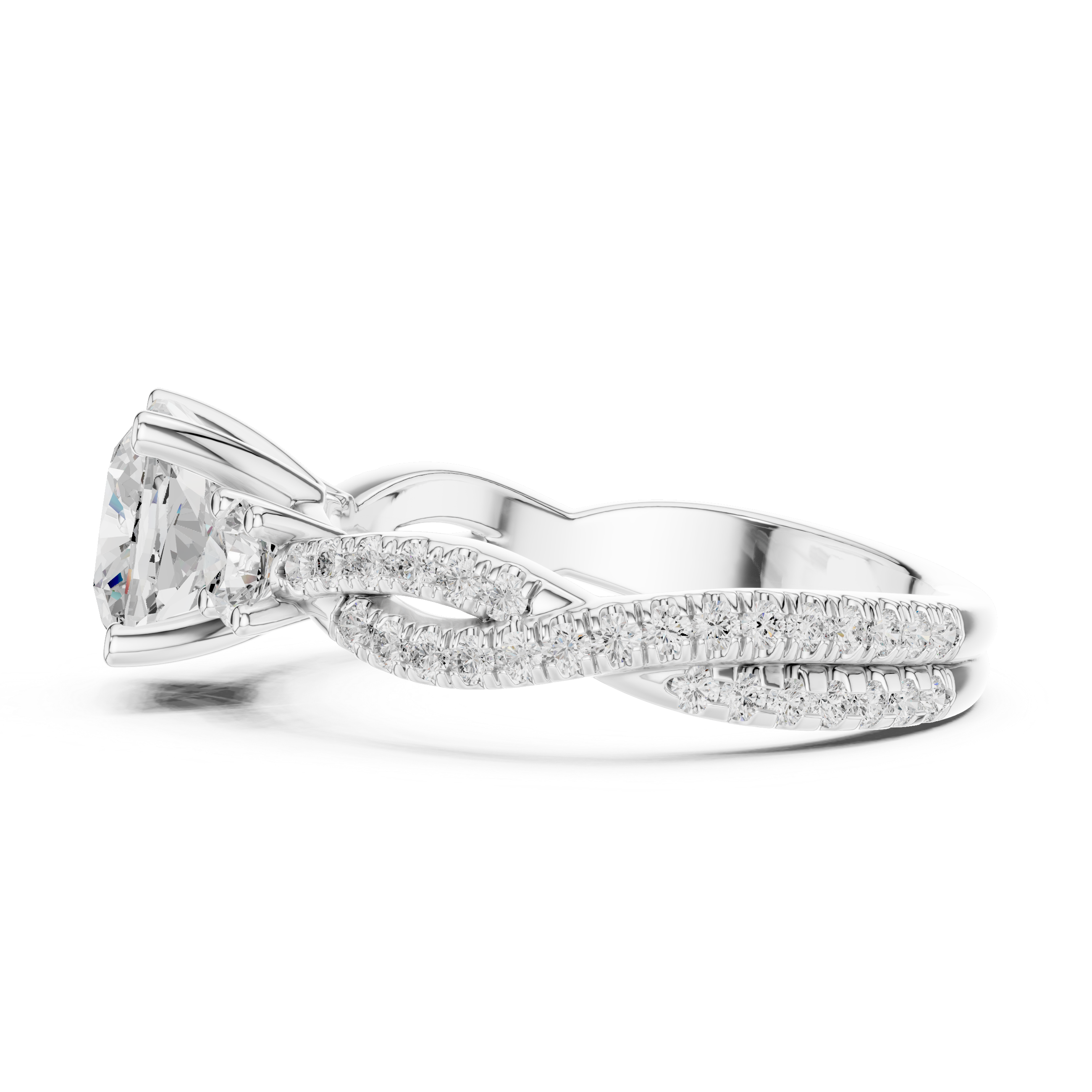 Cushion Cut Twisted Pavé Three Stone Engagement Ring with Diamond Accents