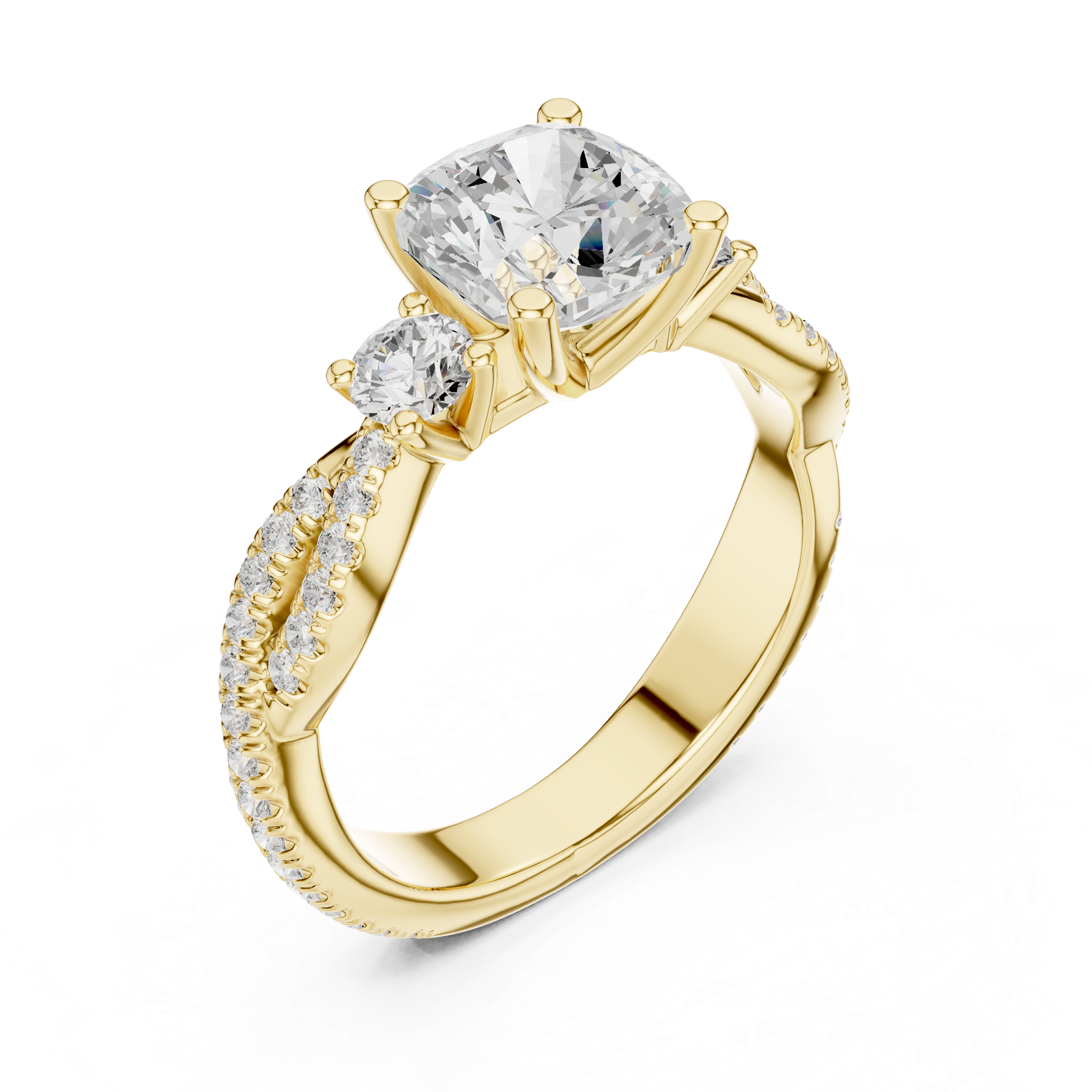 Cushion Cut Twisted Pavé Three Stone Engagement Ring with Diamond Accents