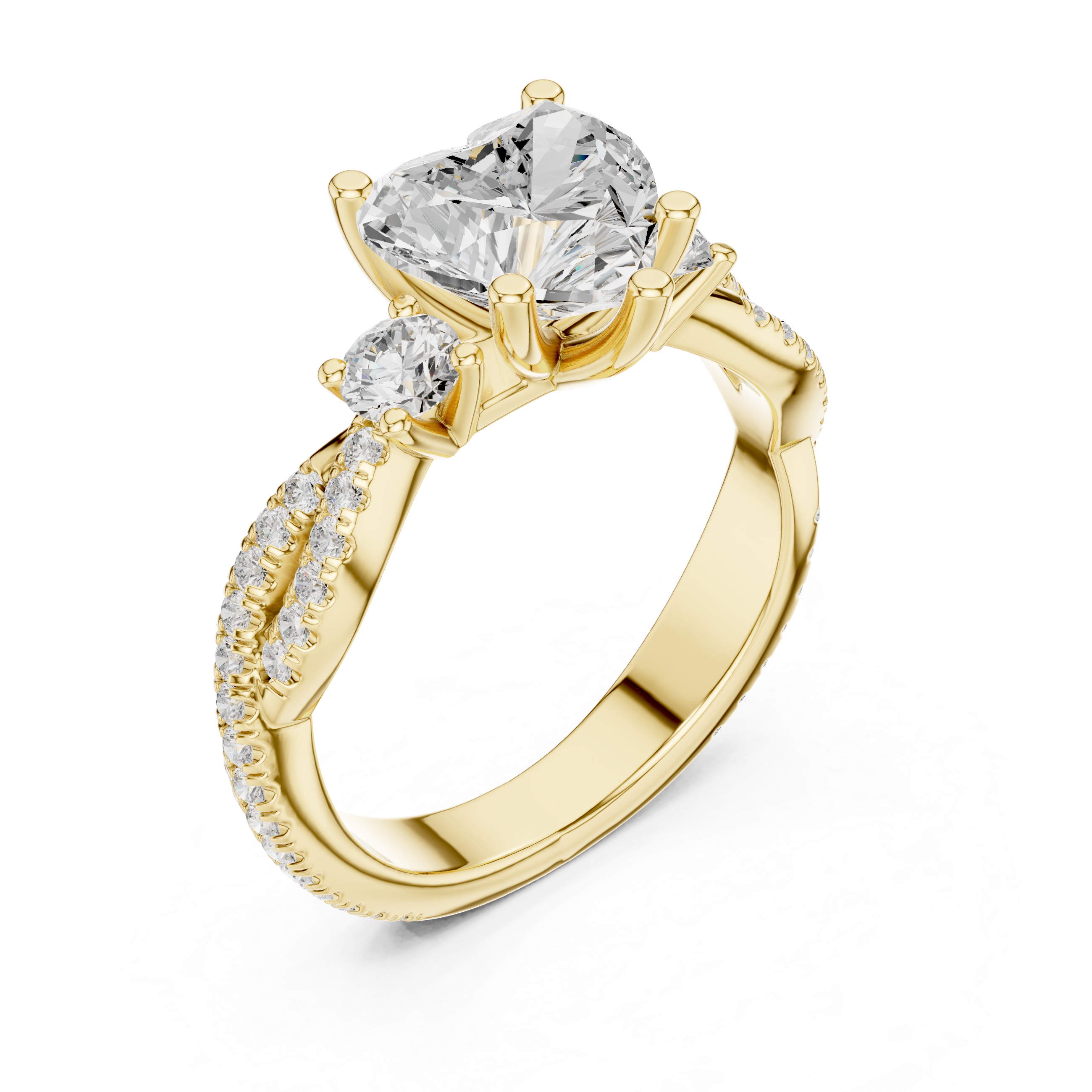 Heart Cut Twisted Pavé Three Stone Engagement Ring with Diamond Accents