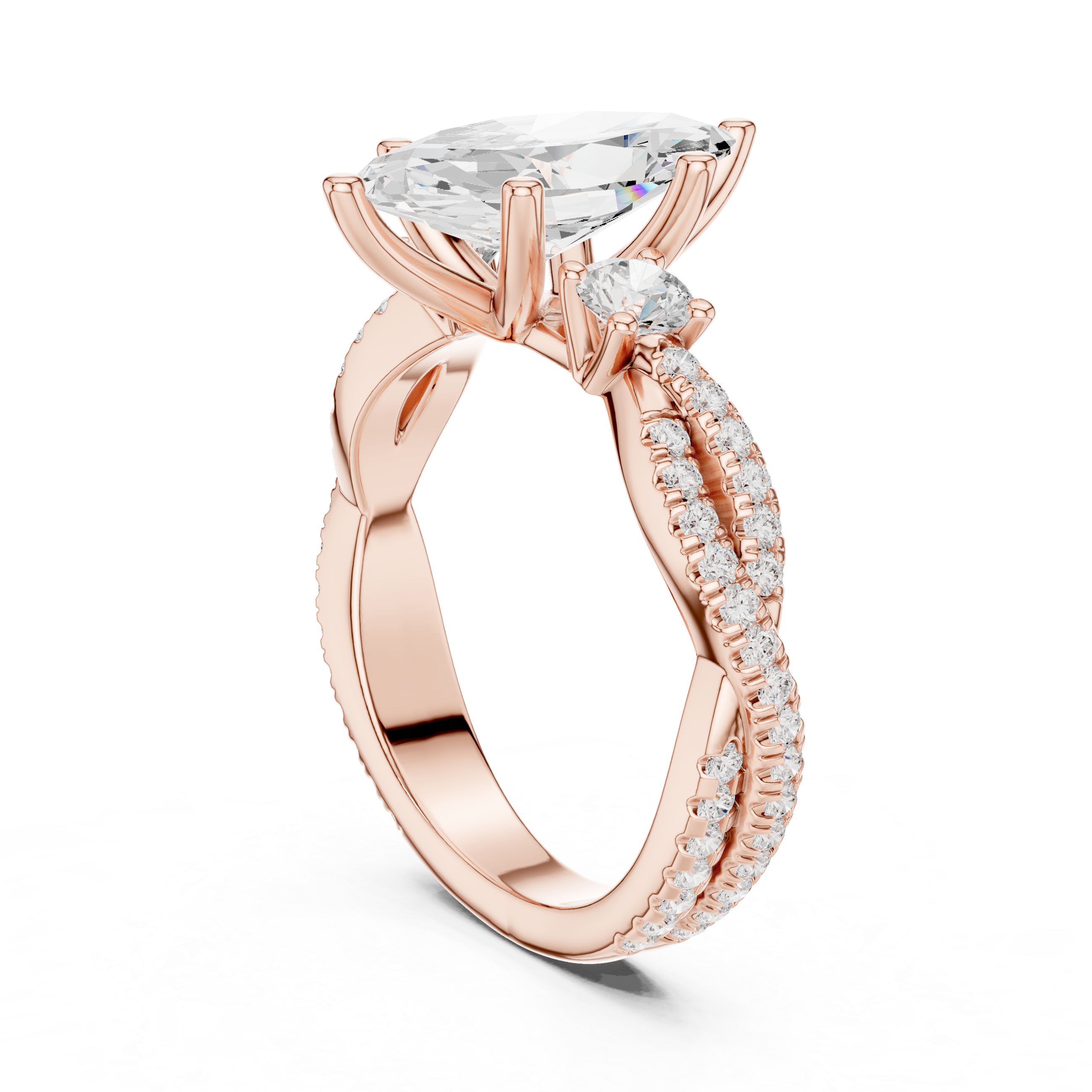 Marquise Cut Twisted Pavé Three Stone Engagement Ring with Diamond Accents