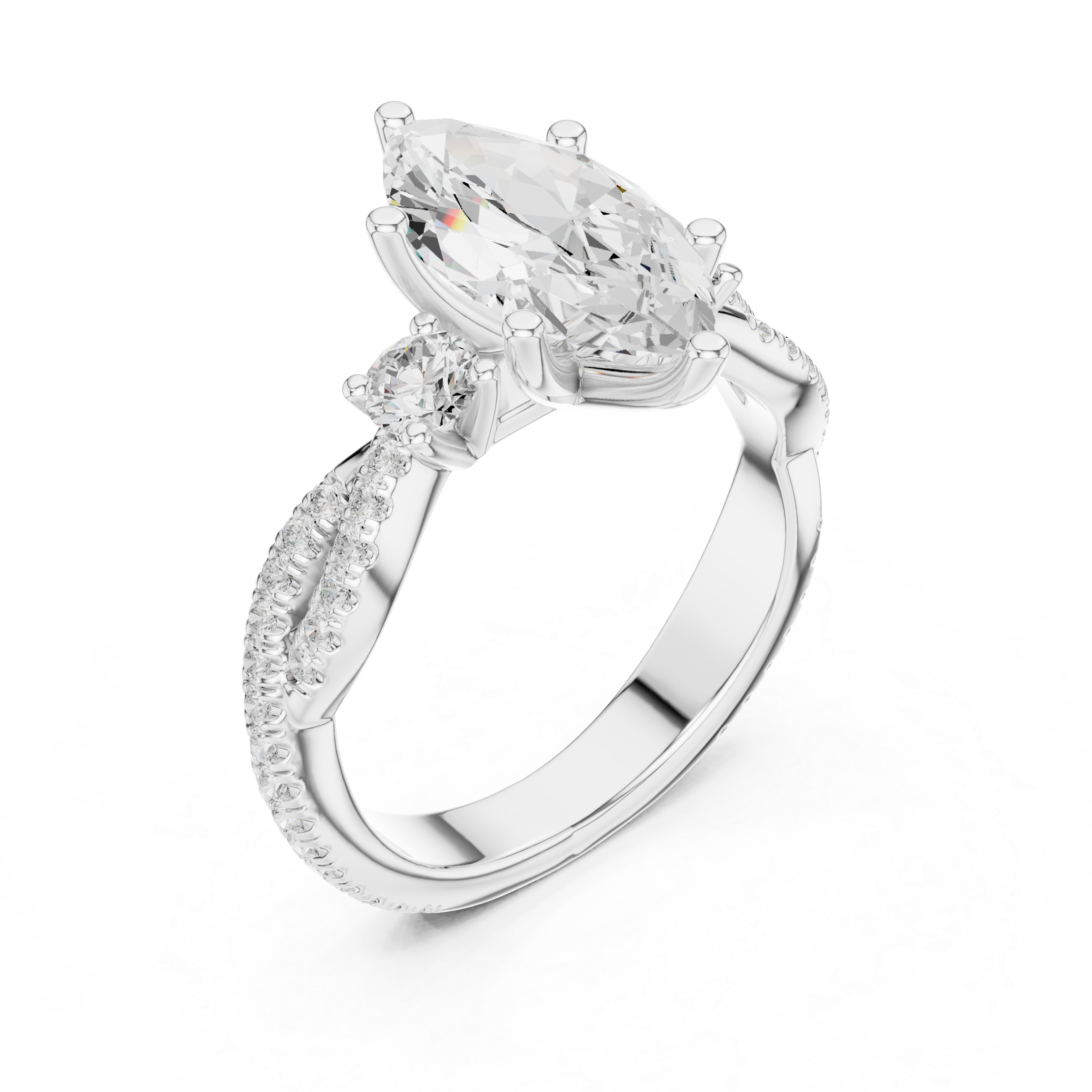 Marquise Cut Twisted Pavé Three Stone Engagement Ring with Diamond Accents