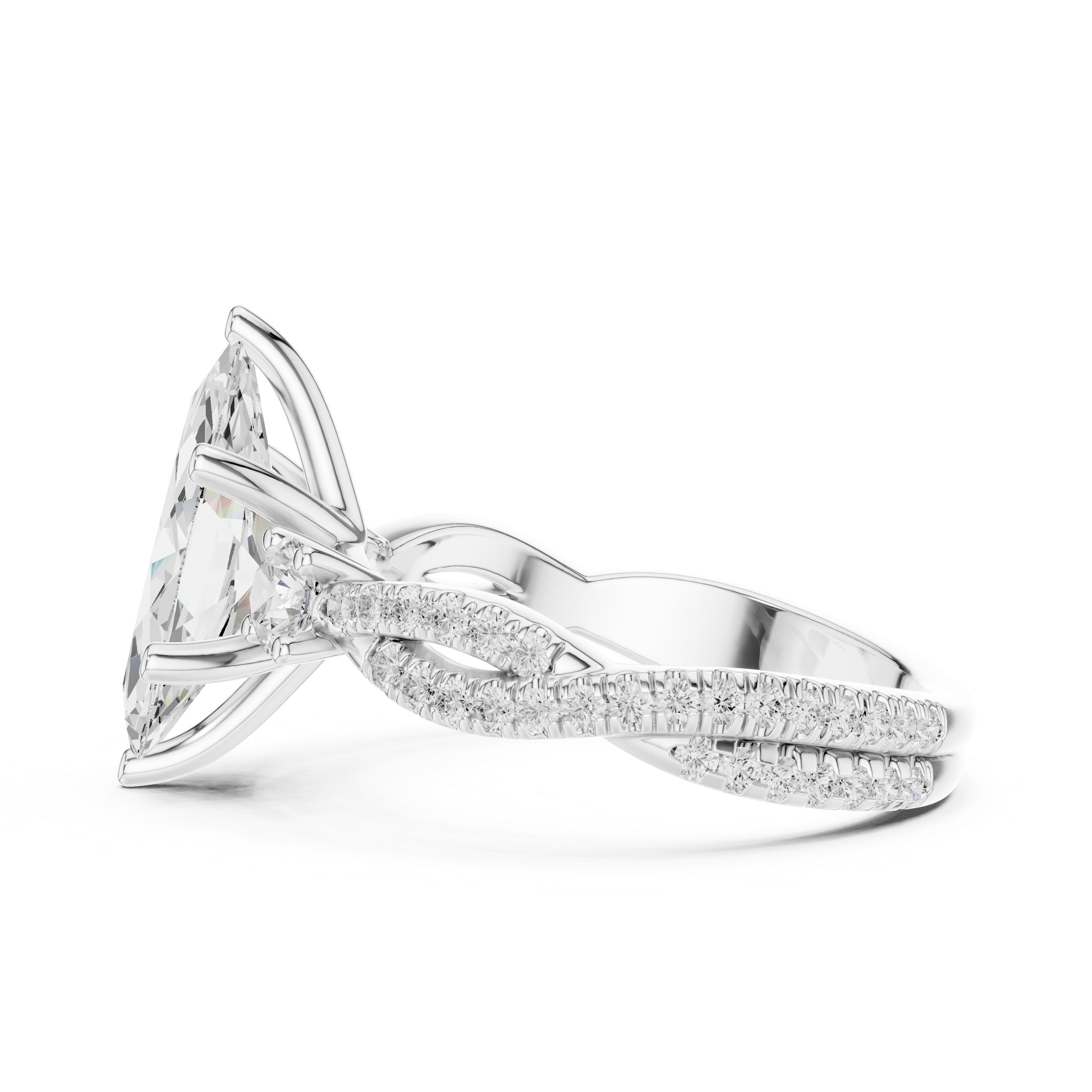 Marquise Cut Twisted Pavé Three Stone Engagement Ring with Diamond Accents
