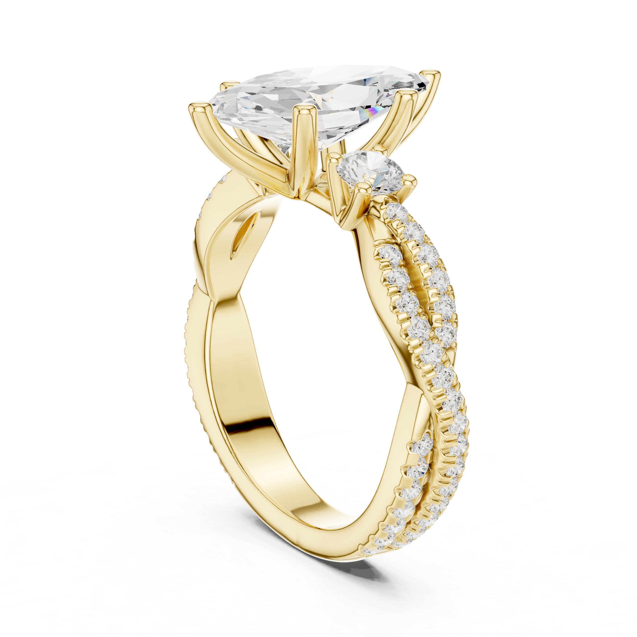 Marquise Cut Twisted Pavé Three Stone Engagement Ring with Diamond Accents