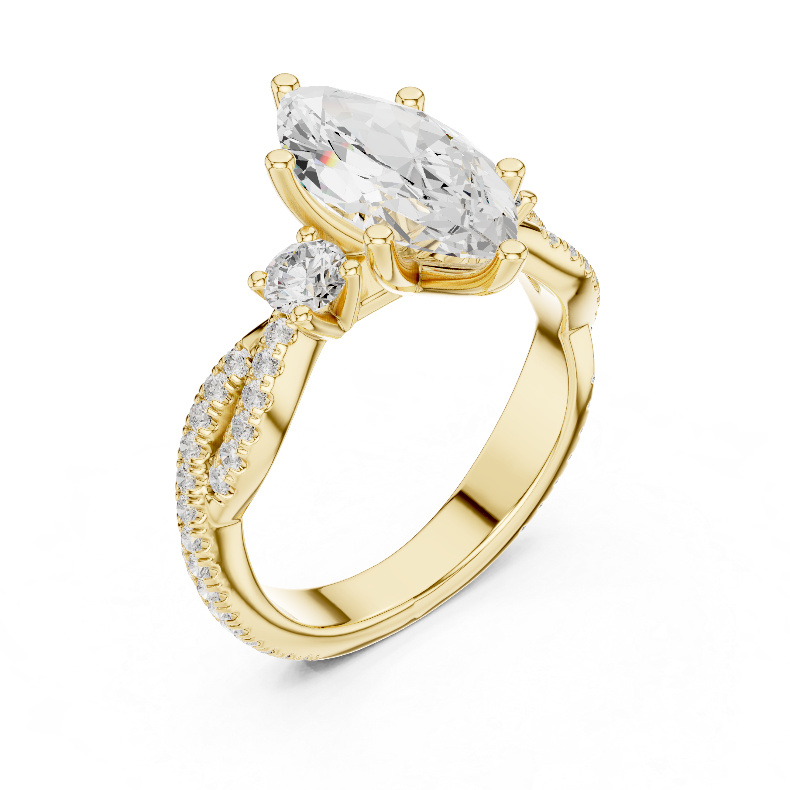 Marquise Cut Twisted Pavé Three Stone Engagement Ring with Diamond Accents
