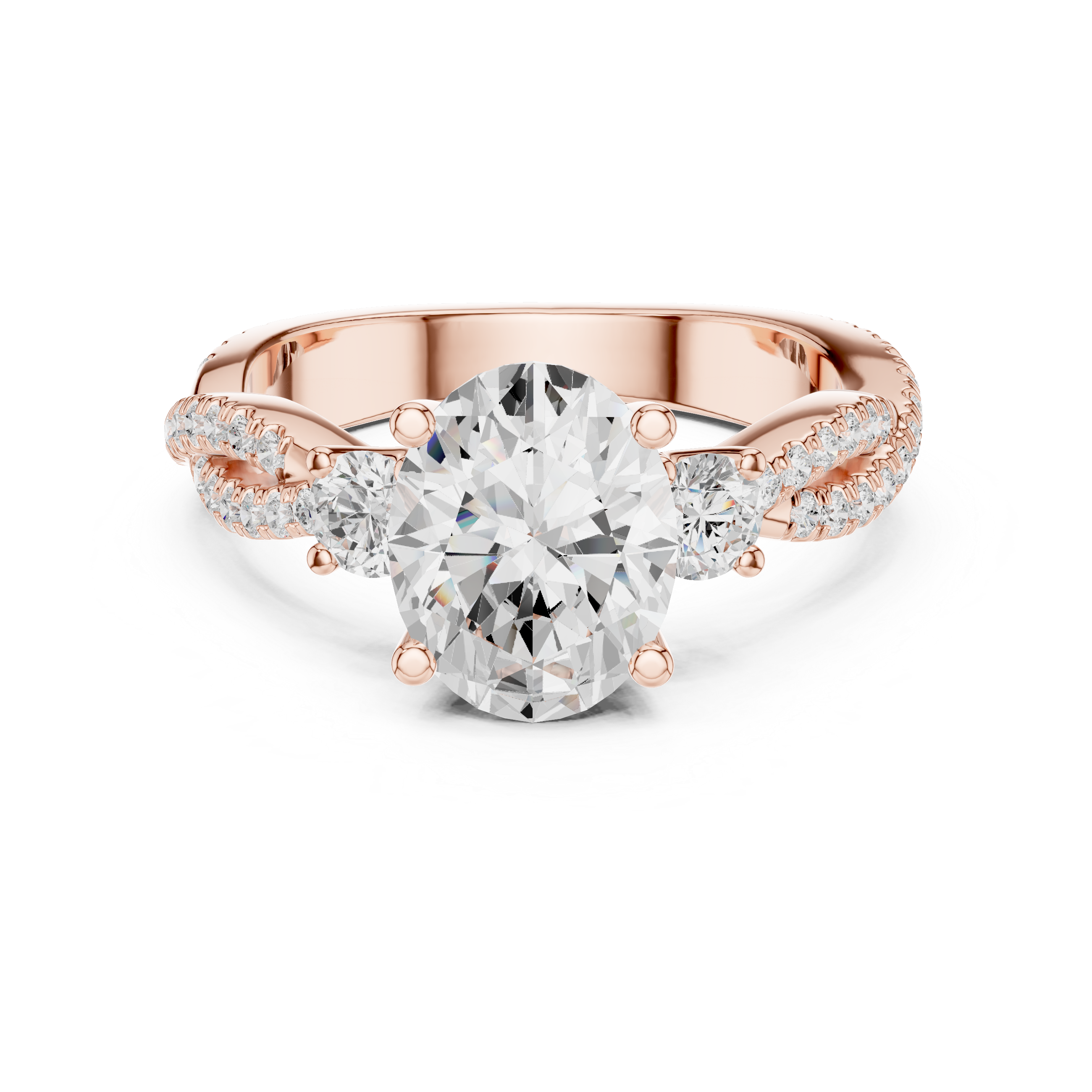 Oval Cut Twisted Pavé Three Stone Engagement Ring with Diamond Accents