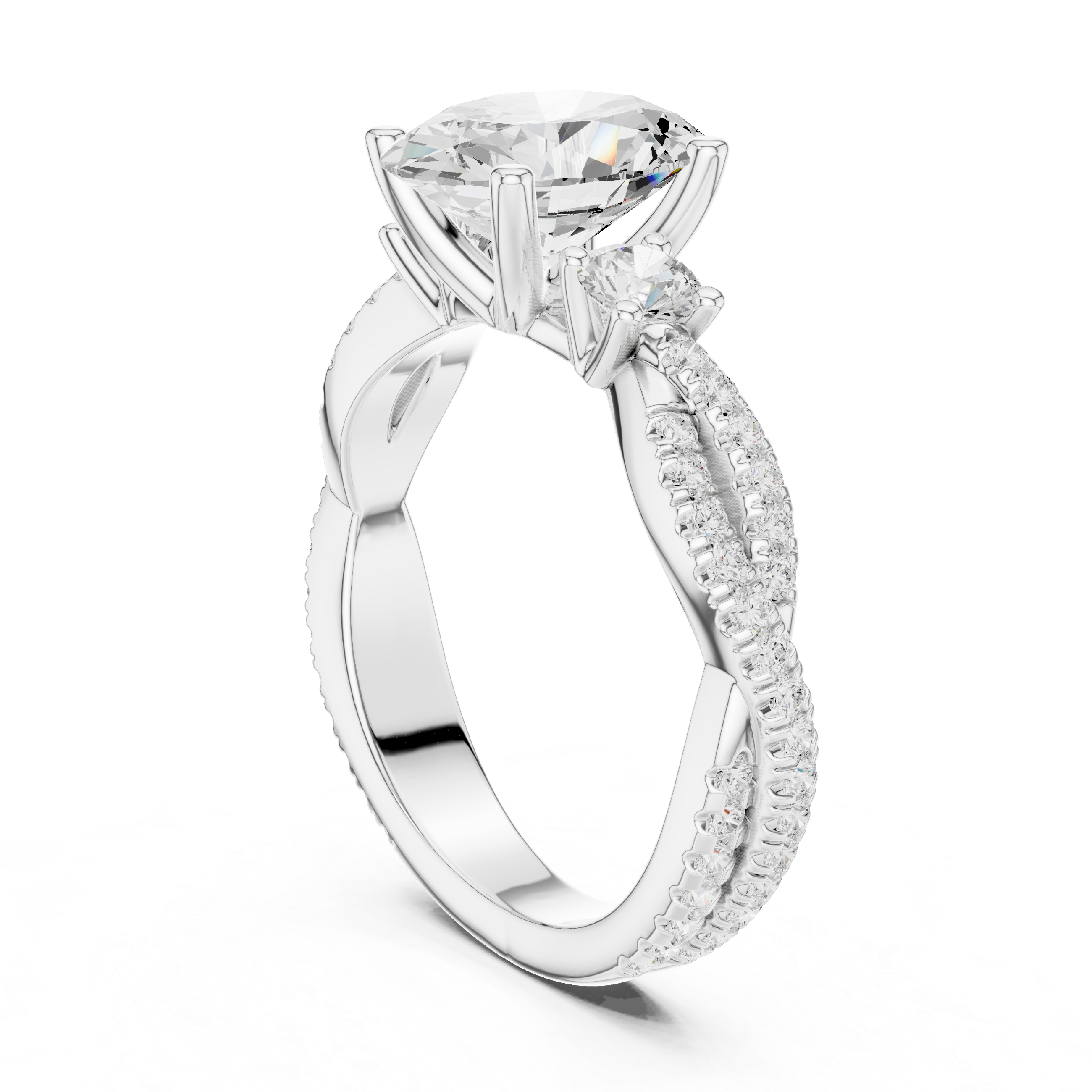 Oval Cut Twisted Pavé Three Stone Engagement Ring with Diamond Accents