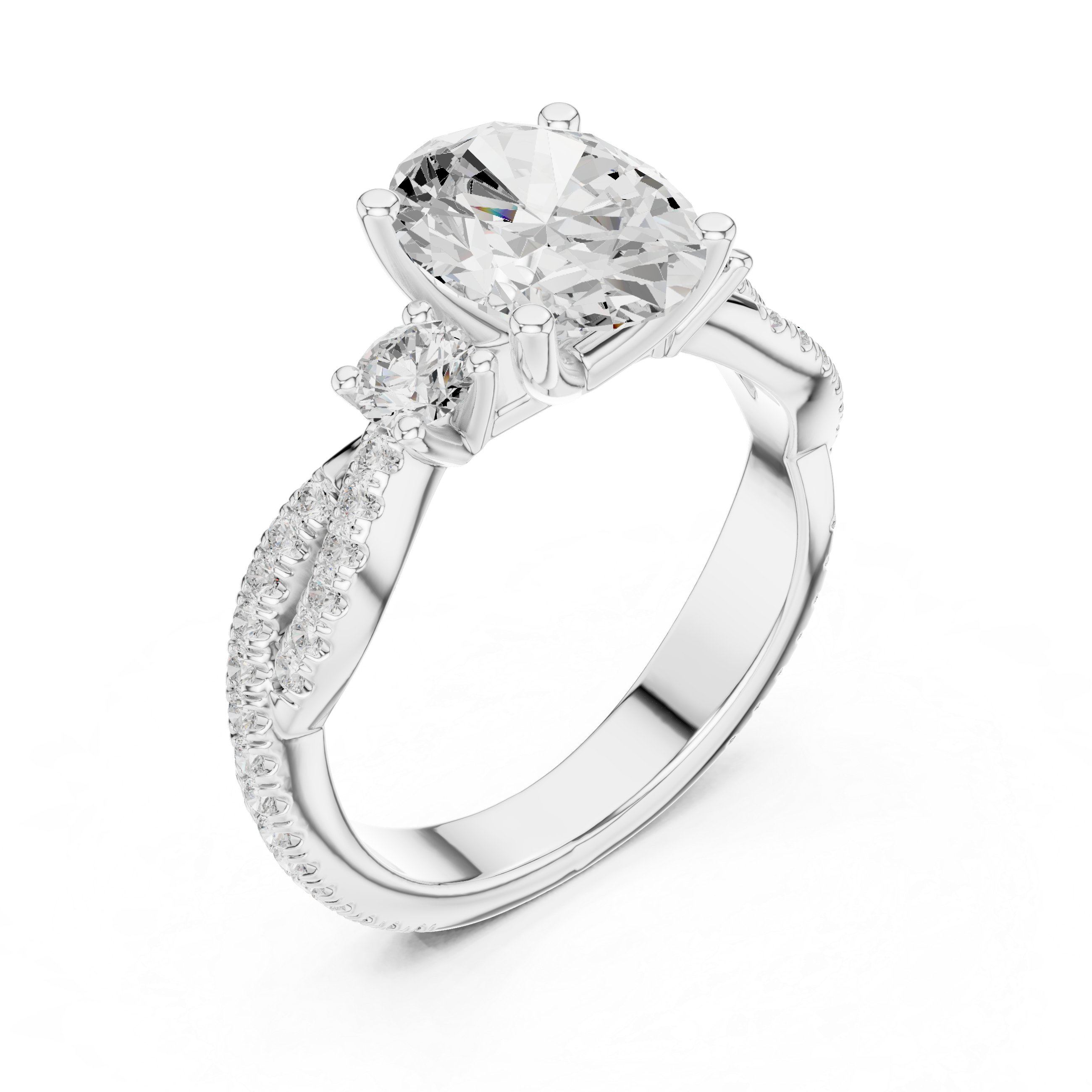 Oval Cut Twisted Pavé Three Stone Engagement Ring with Diamond Accents