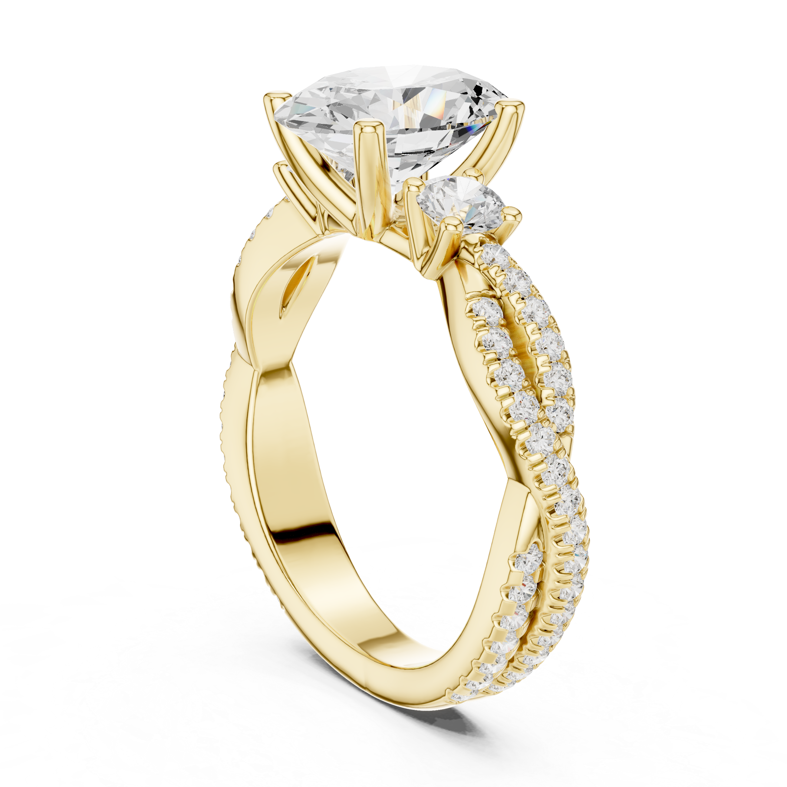 Oval Cut Twisted Pavé Three Stone Engagement Ring with Diamond Accents