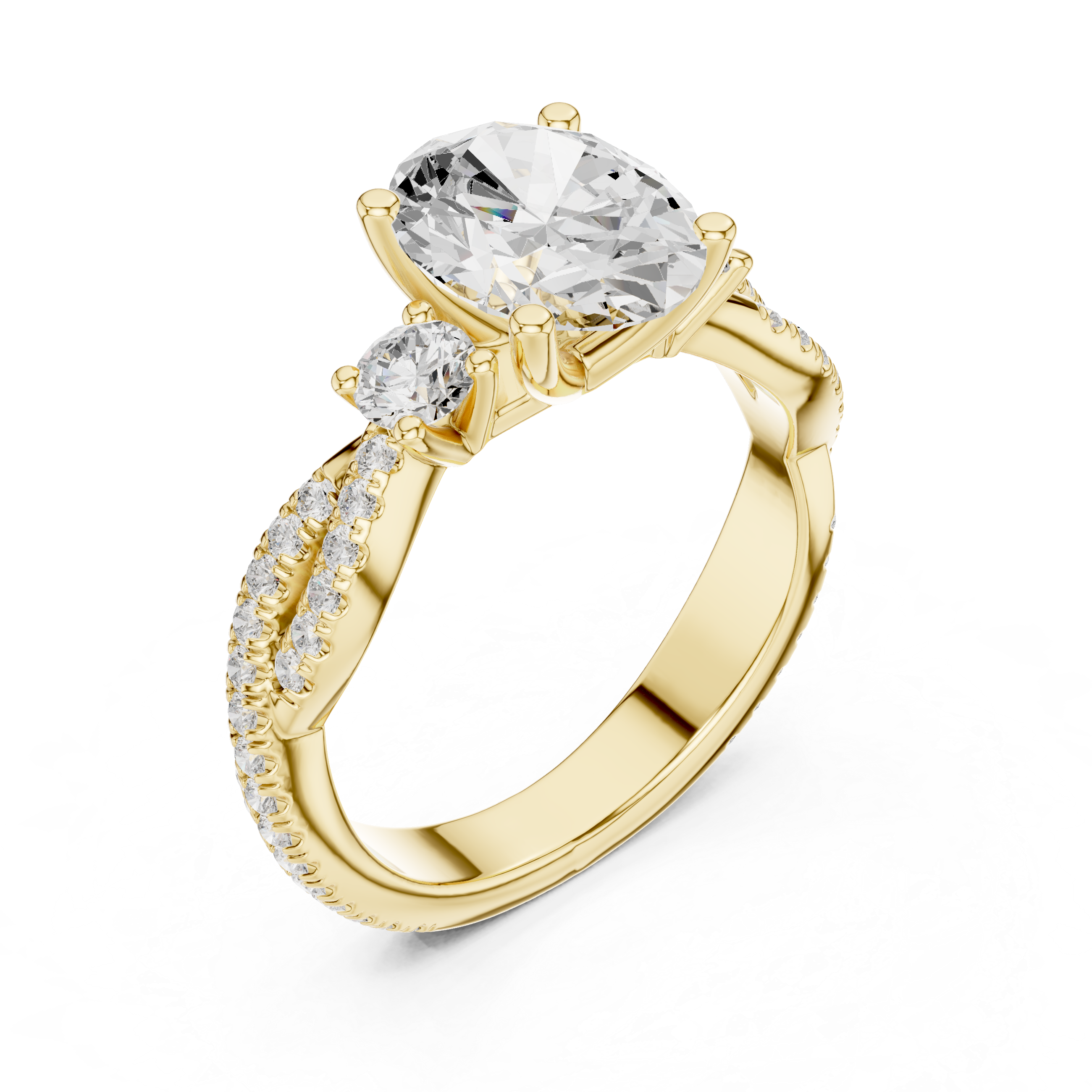 Oval Cut Twisted Pavé Three Stone Engagement Ring with Diamond Accents