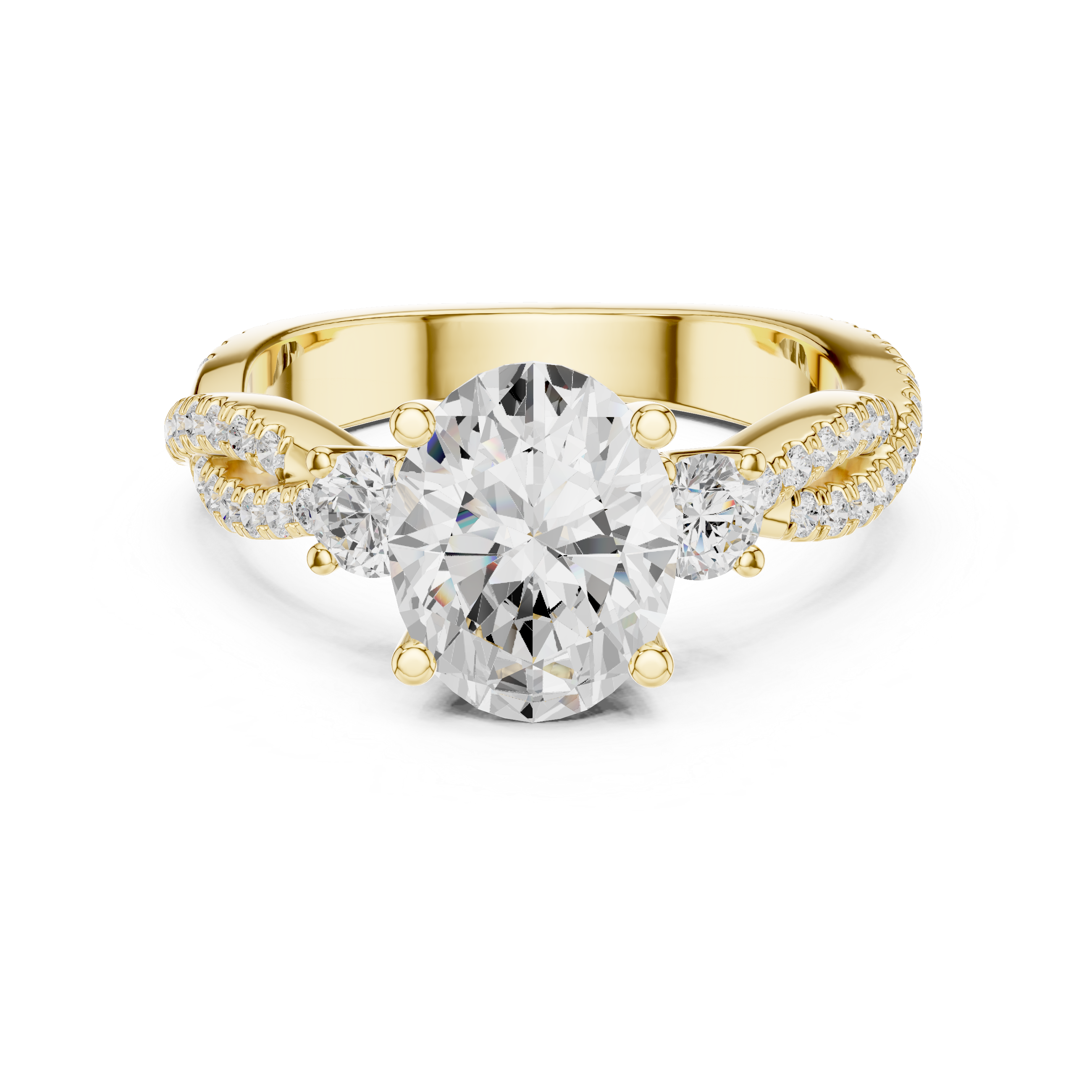 Oval Cut Twisted Pavé Three Stone Engagement Ring with Diamond Accents