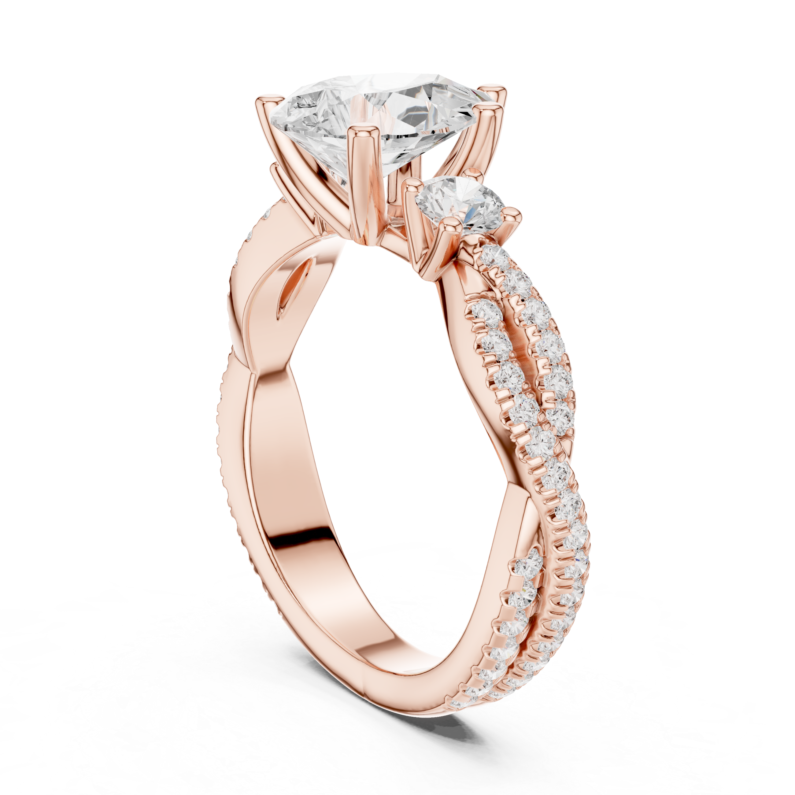 Pear Cut Twisted Pavé Three Stone Engagement Ring with Diamond Accents