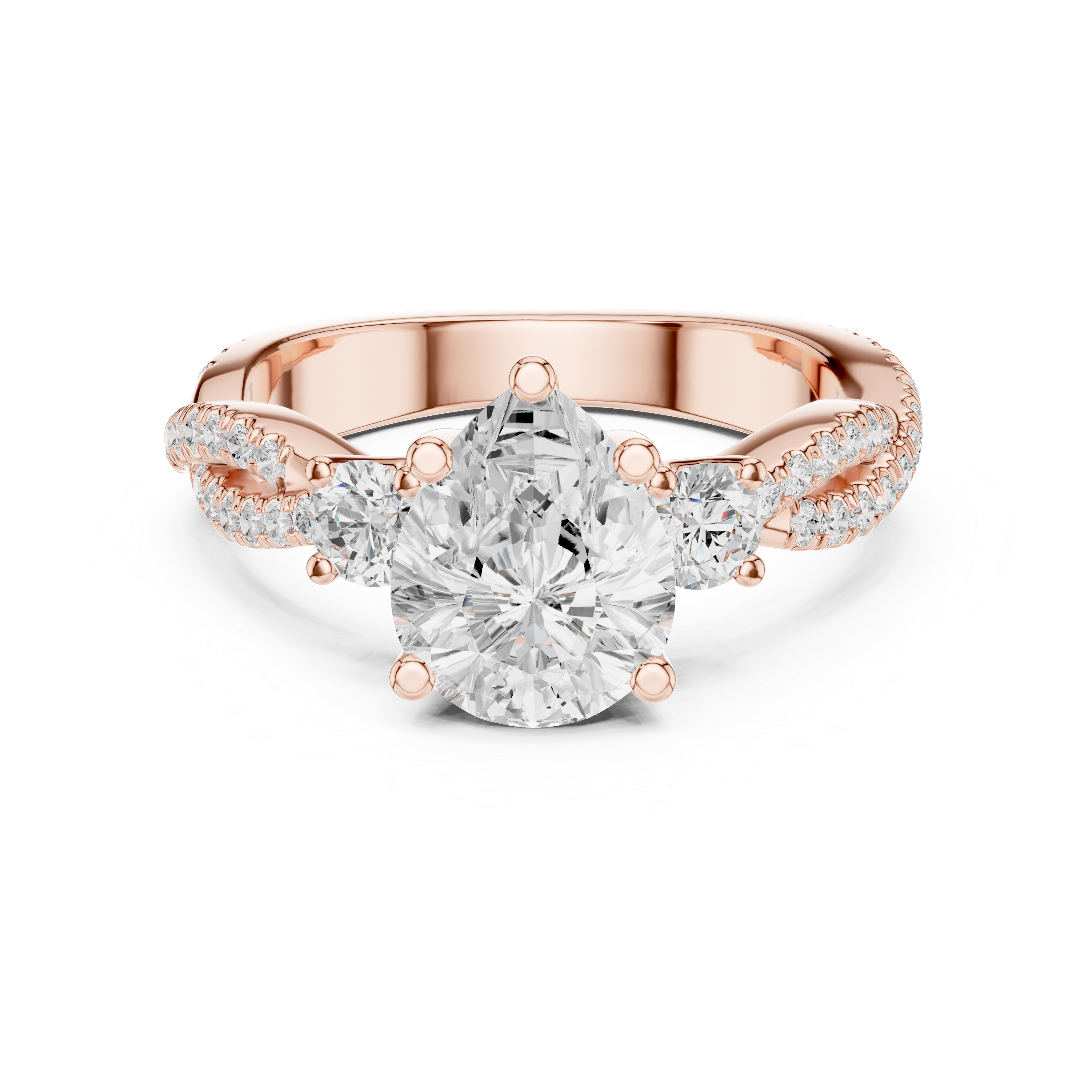 Pear Cut Twisted Pavé Three Stone Engagement Ring with Diamond Accents