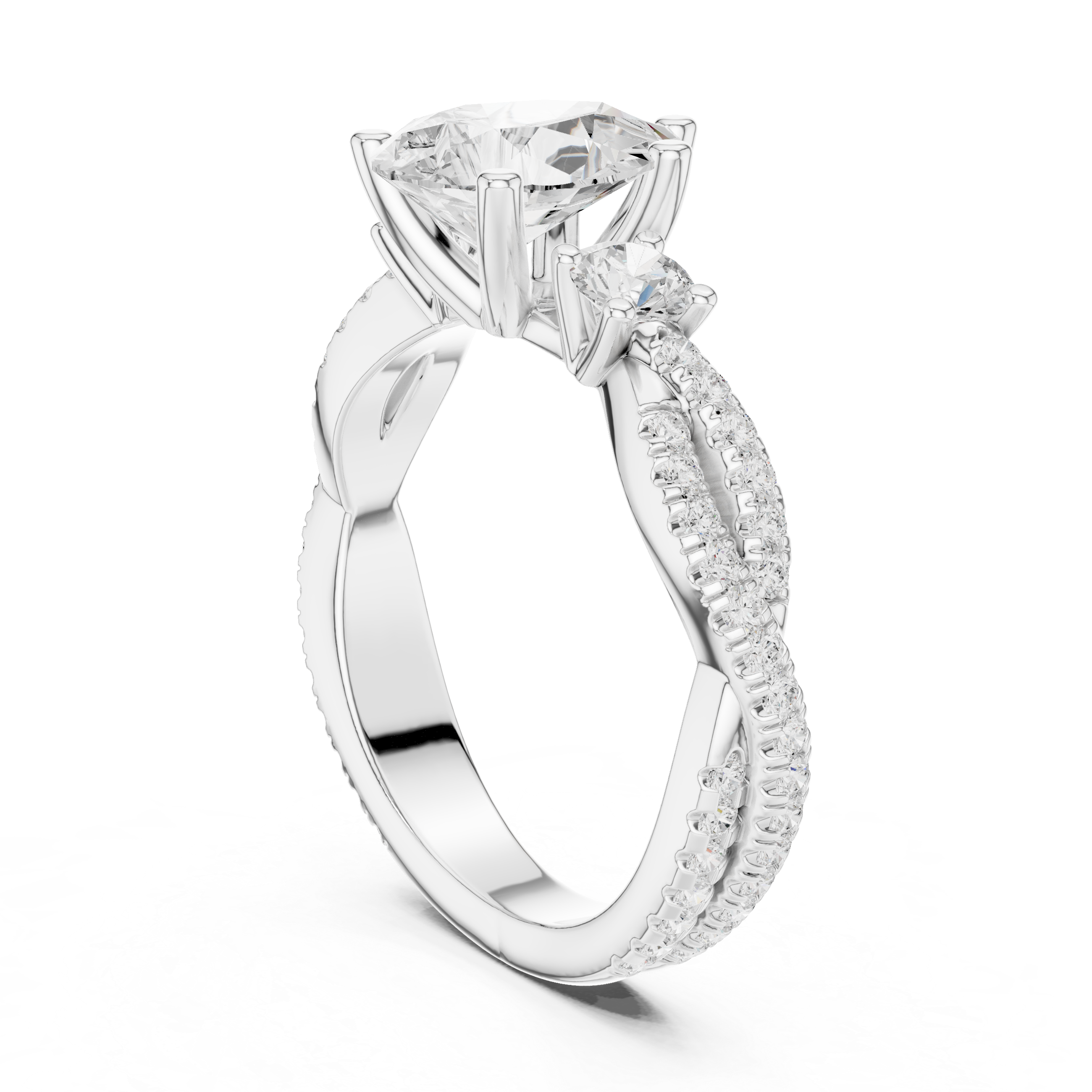 Pear Cut Twisted Pavé Three Stone Engagement Ring with Diamond Accents