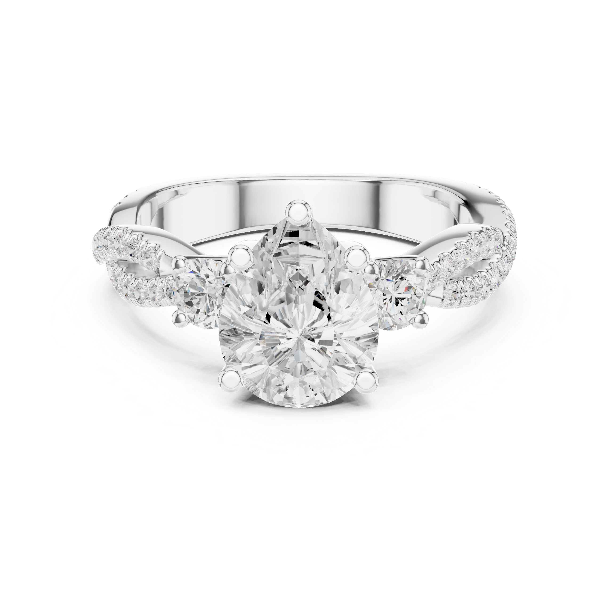 Pear Cut Twisted Pavé Three Stone Engagement Ring with Diamond Accents