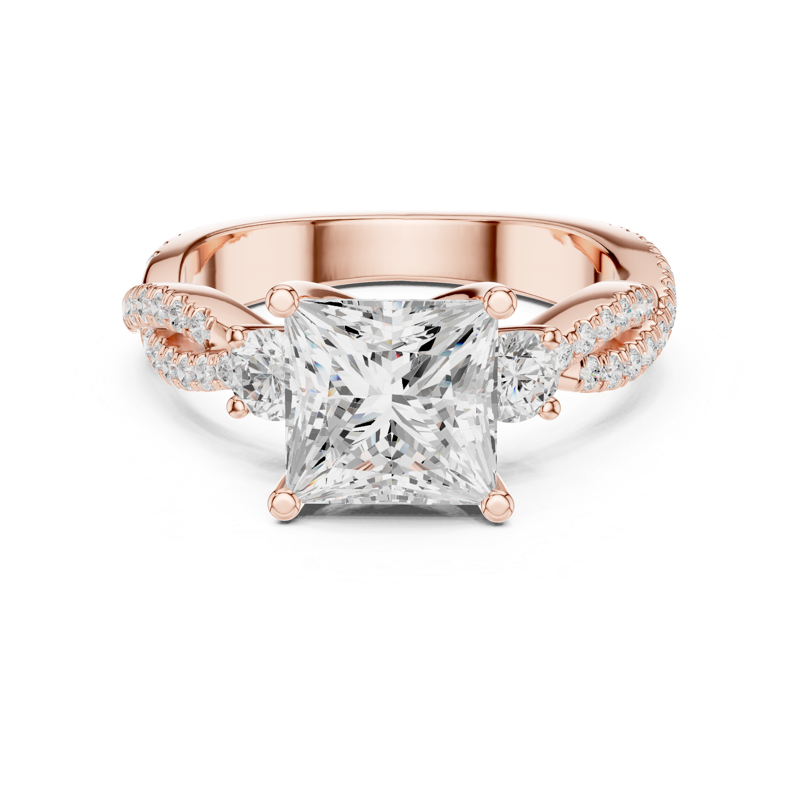 Princess Cut Twisted Pavé Three Stone Engagement Ring with Round Side Diamonds