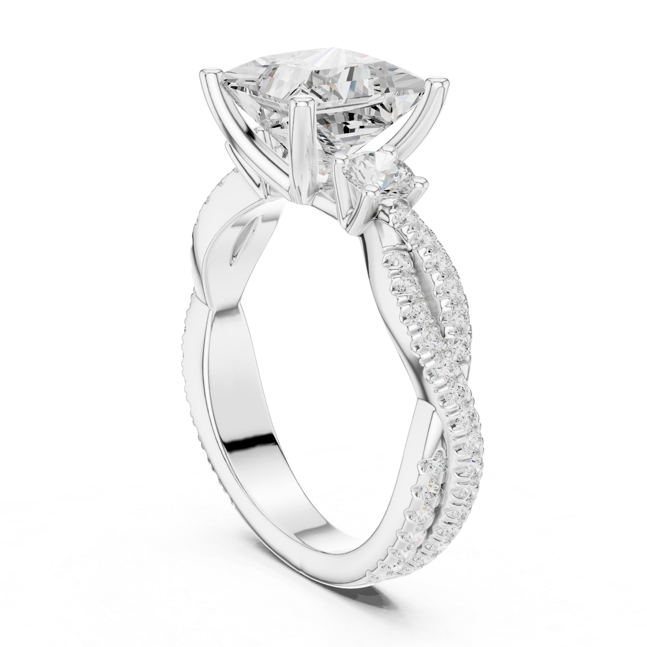 Princess Cut Twisted Pavé Three Stone Engagement Ring with Round Side Diamonds