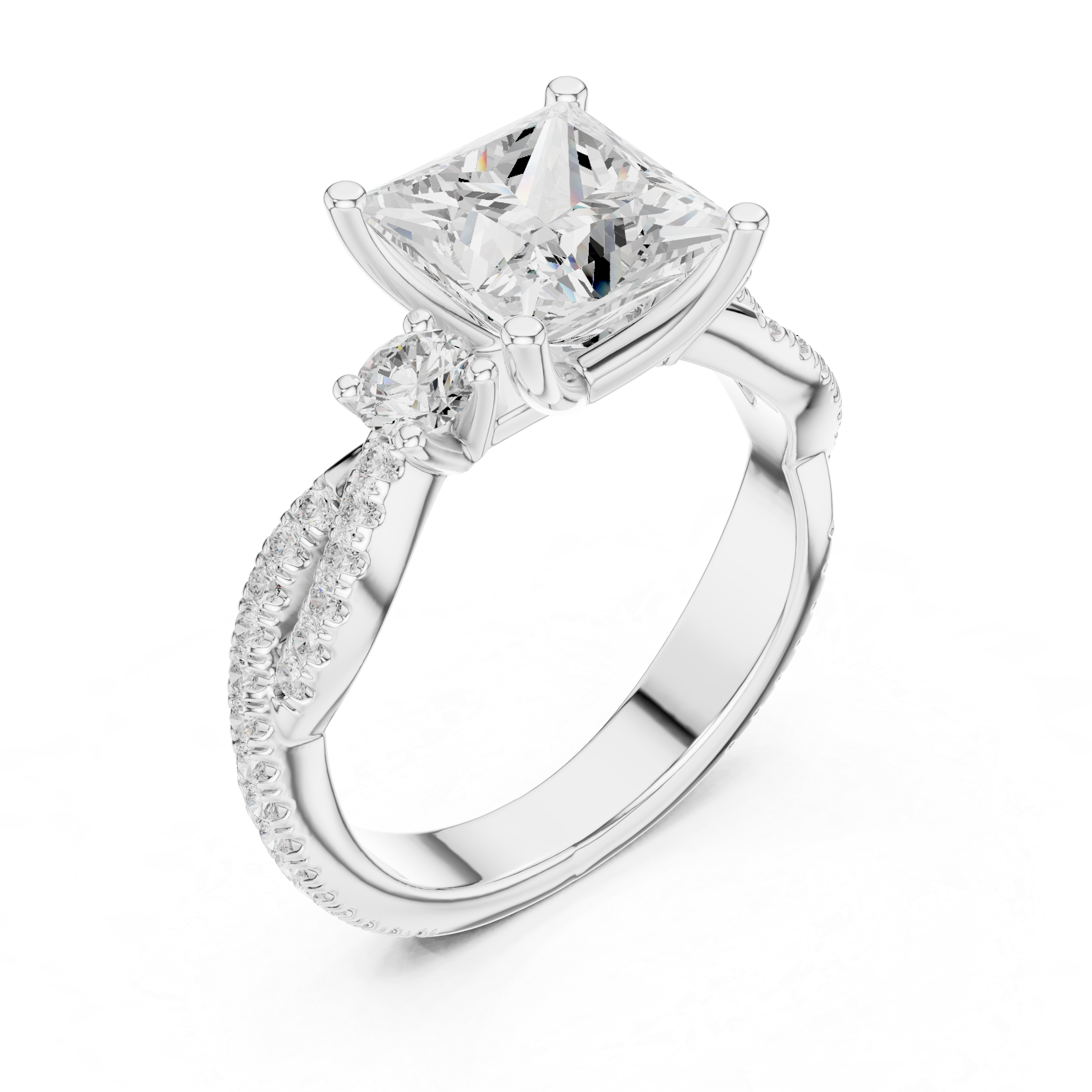 Princess Cut Twisted Pavé Three Stone Engagement Ring with Round Side Diamonds