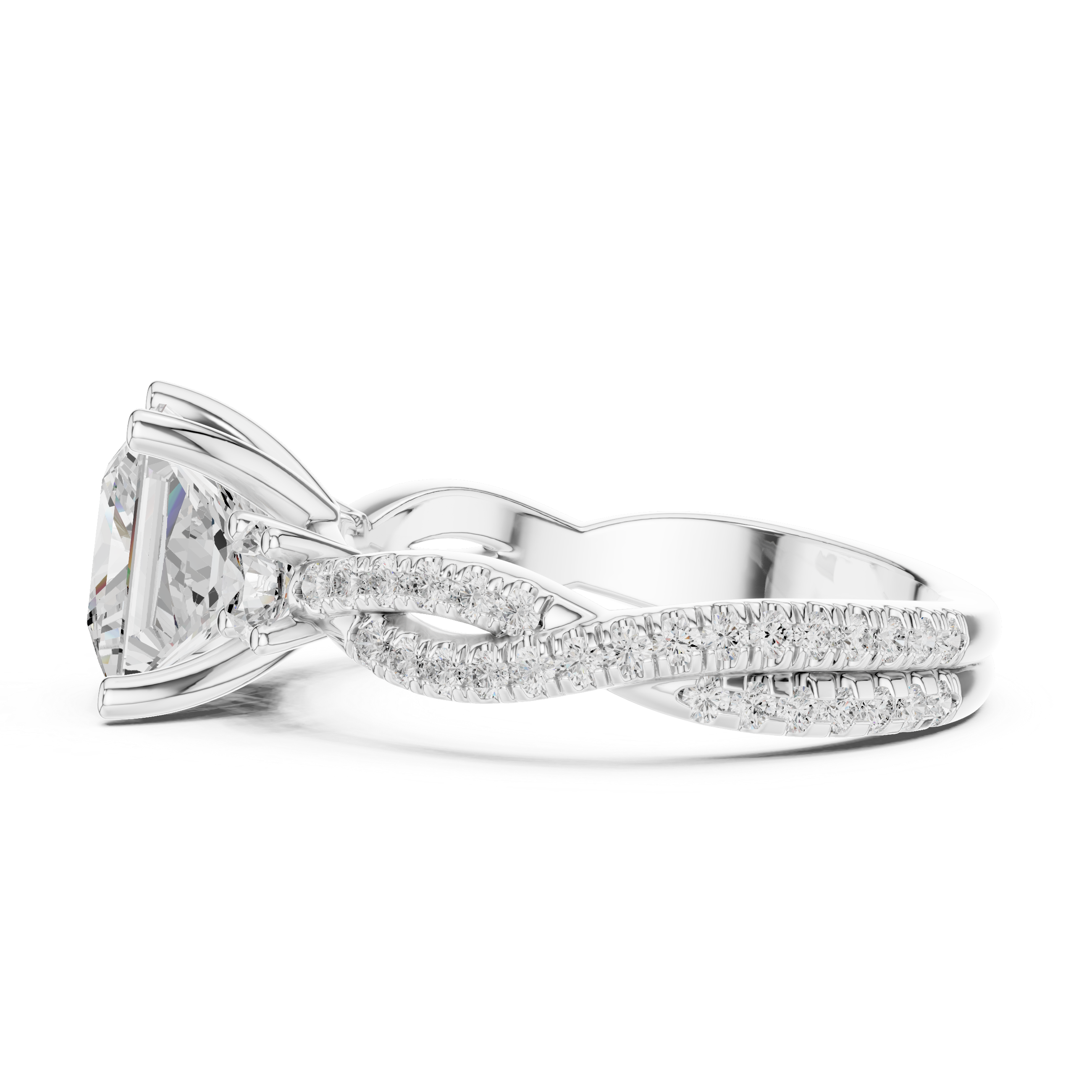 Princess Cut Twisted Pavé Three Stone Engagement Ring with Round Side Diamonds