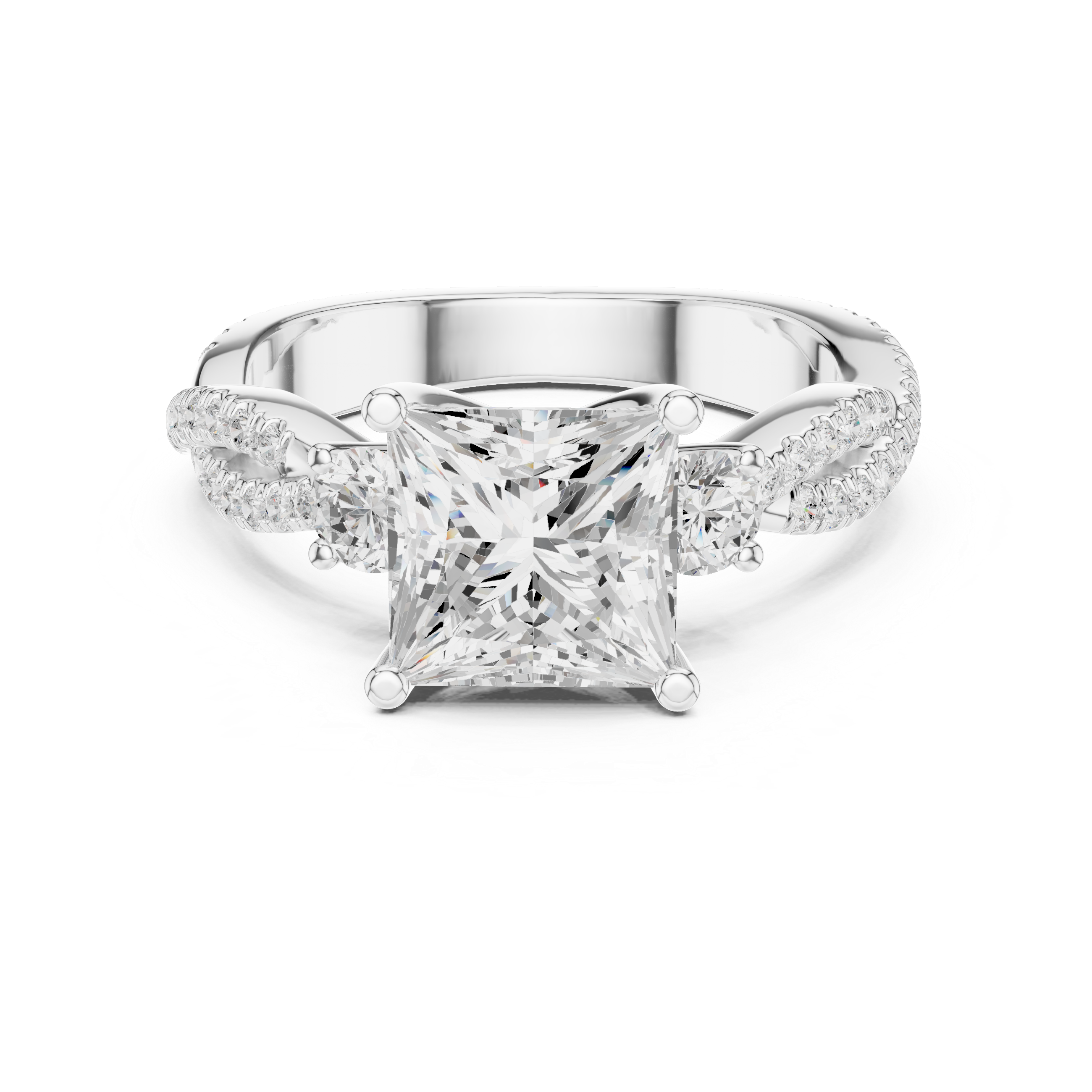Princess Cut Twisted Pavé Three Stone Engagement Ring with Round Side Diamonds