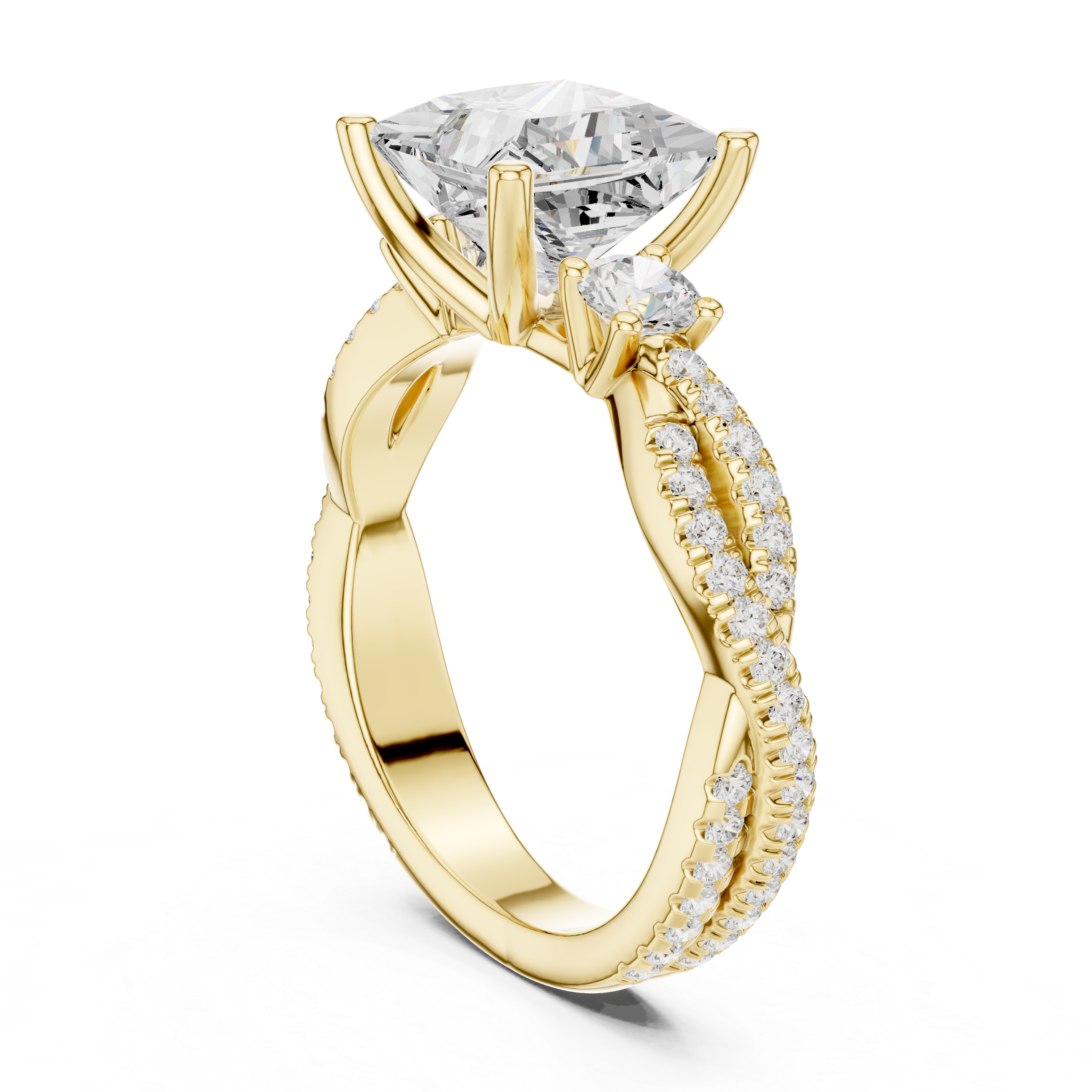 Princess Cut Twisted Pavé Three Stone Engagement Ring with Round Side Diamonds